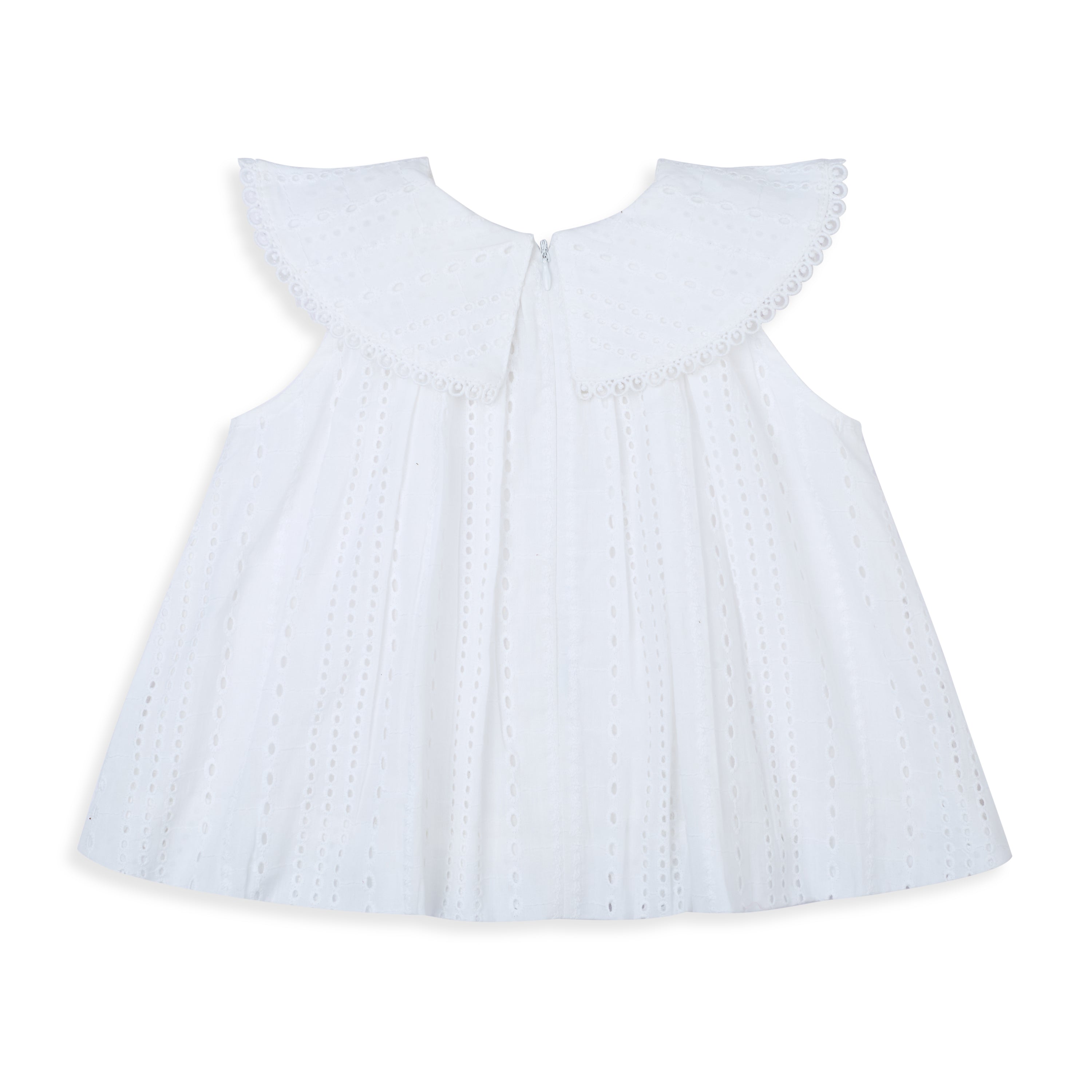 My Milestones Ivy Sky Pure Cotton Eyelet Sleeveless Top with Bow Detail Collar - White