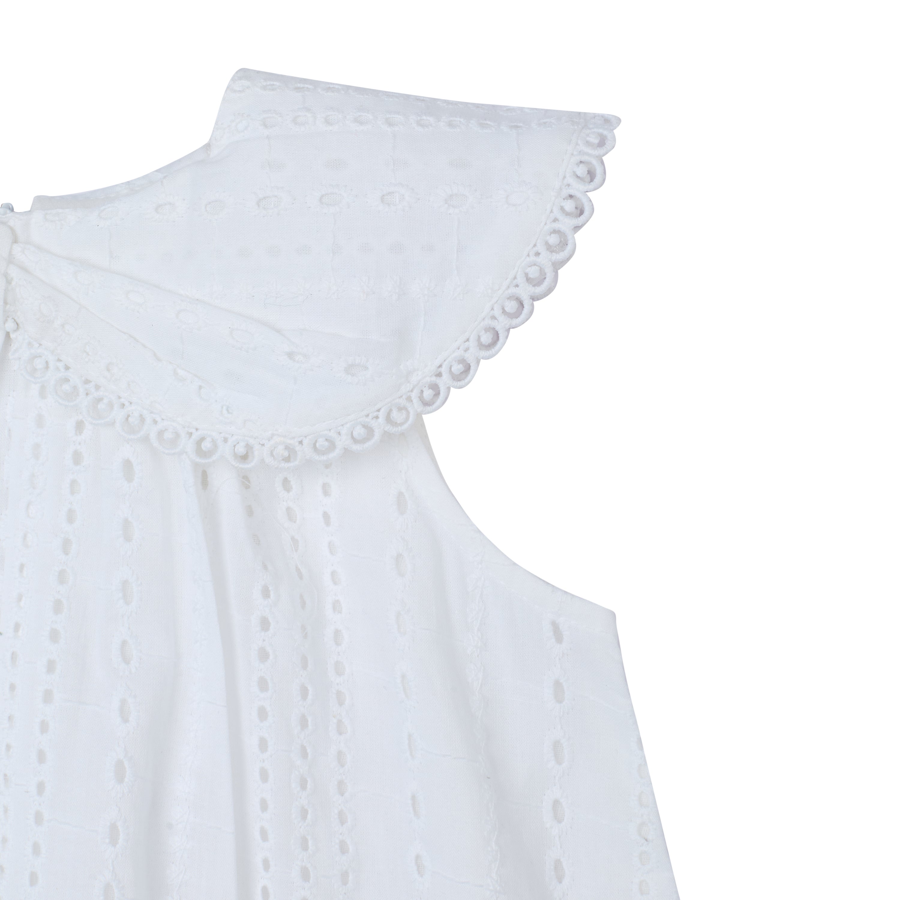 My Milestones Ivy Sky Pure Cotton Eyelet Sleeveless Top with Bow Detail Collar - White