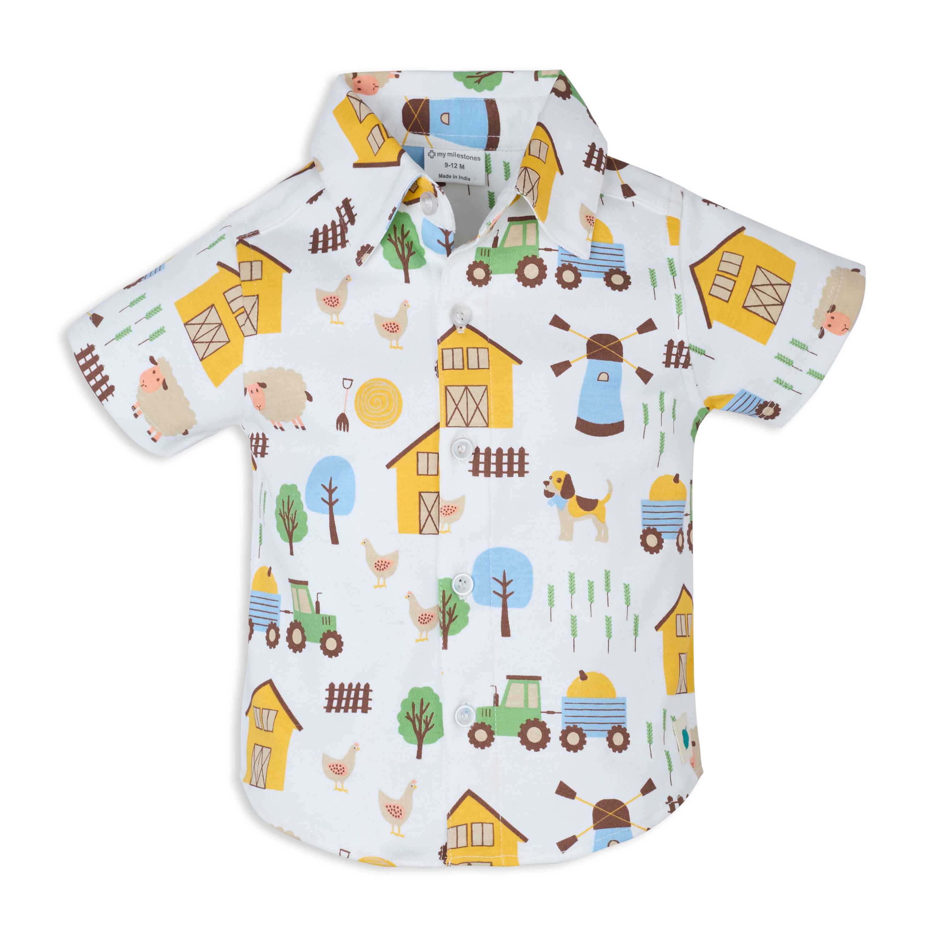 Short Sleeves Front Open Interlock Shirt In Barnyard Print - White