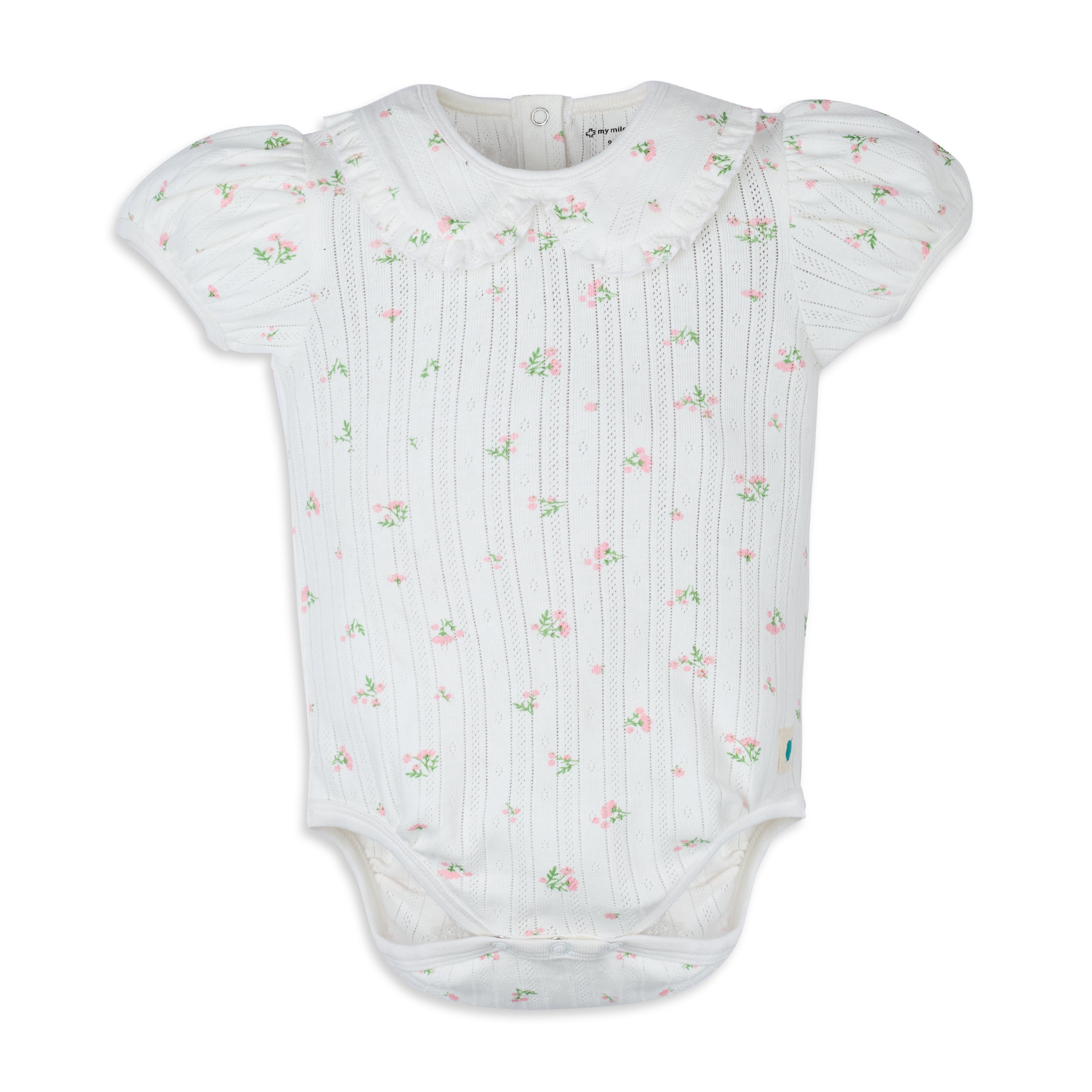 My Milestones Bio-Wash Pointelle Knit Short Puff Sleeves Ruffle Peter Pan Collar Onesie in Petite Petals Print - Off White
