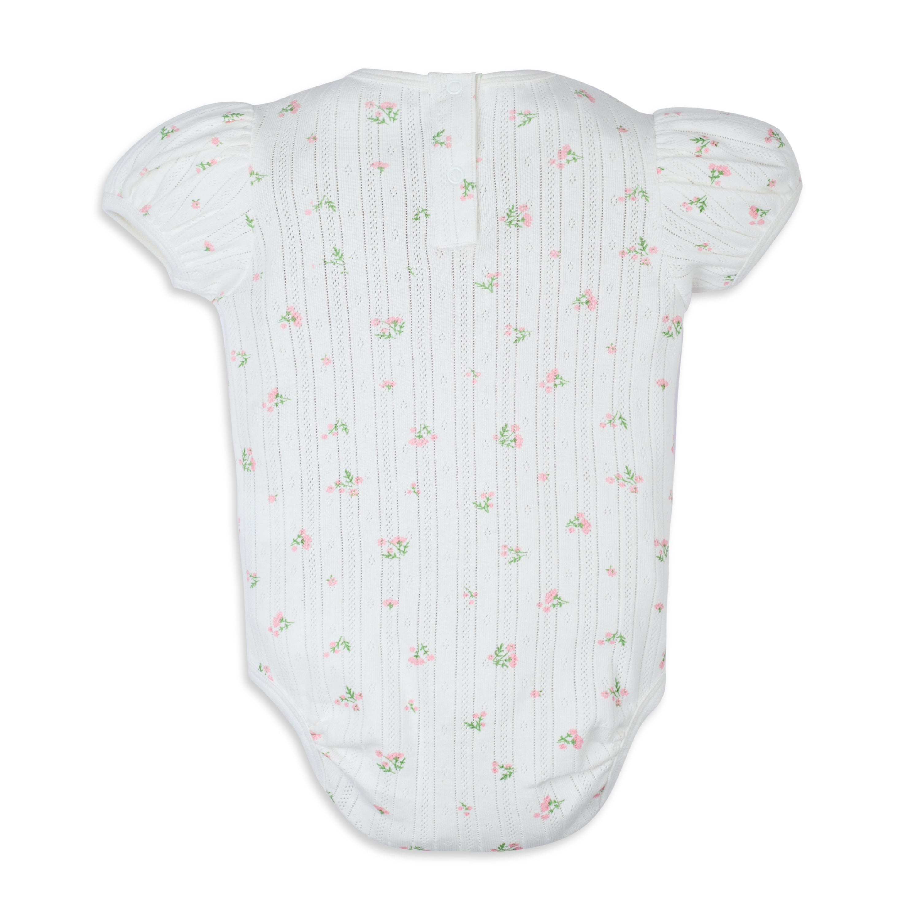 My Milestones Bio-Wash Pointelle Knit Short Puff Sleeves Ruffle Peter Pan Collar Onesie in Petite Petals Print - Off White