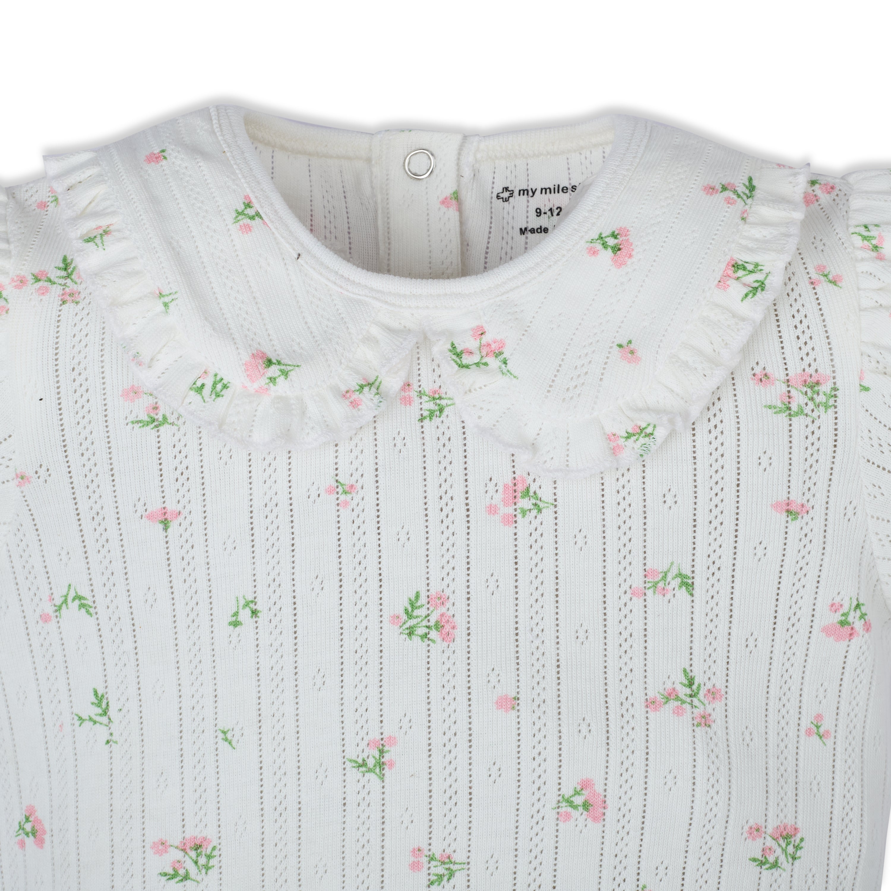 My Milestones Bio-Wash Pointelle Knit Short Puff Sleeves Ruffle Peter Pan Collar Onesie in Petite Petals Print - Off White