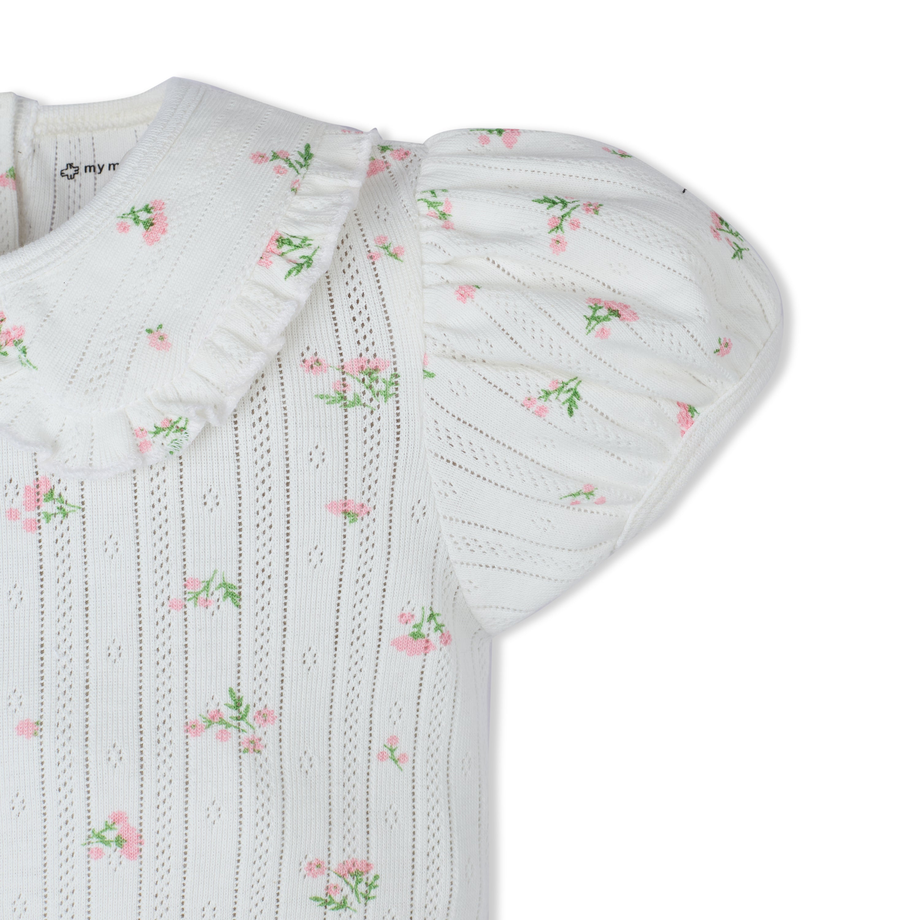 My Milestones Bio-Wash Pointelle Knit Short Puff Sleeves Ruffle Peter Pan Collar Onesie in Petite Petals Print - Off White