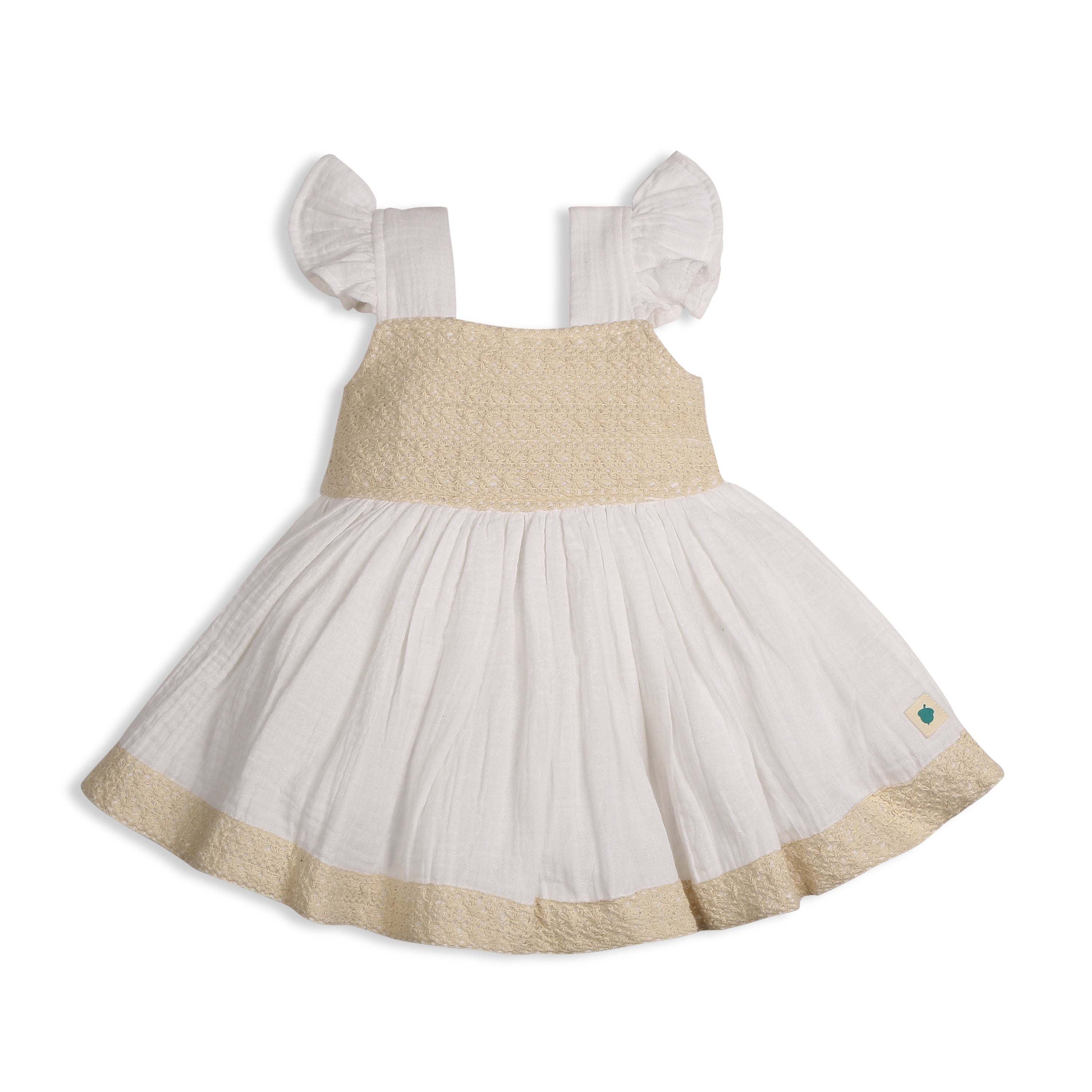 My Milestones Dove Crochet Yoke Dress in Double Cloth with Crochet Lace Details - White