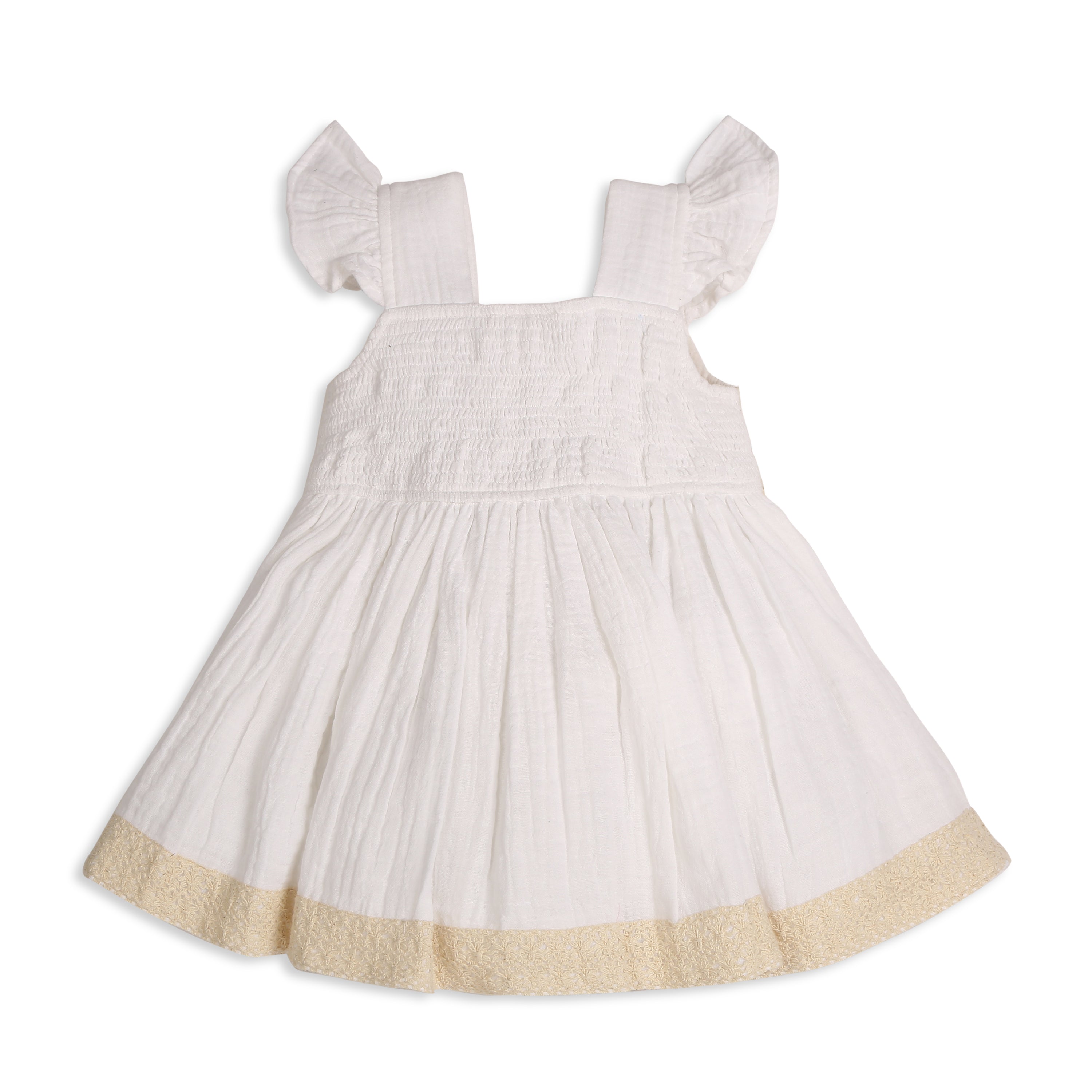 My Milestones Dove Crochet Yoke Dress in Double Cloth with Crochet Lace Details - White