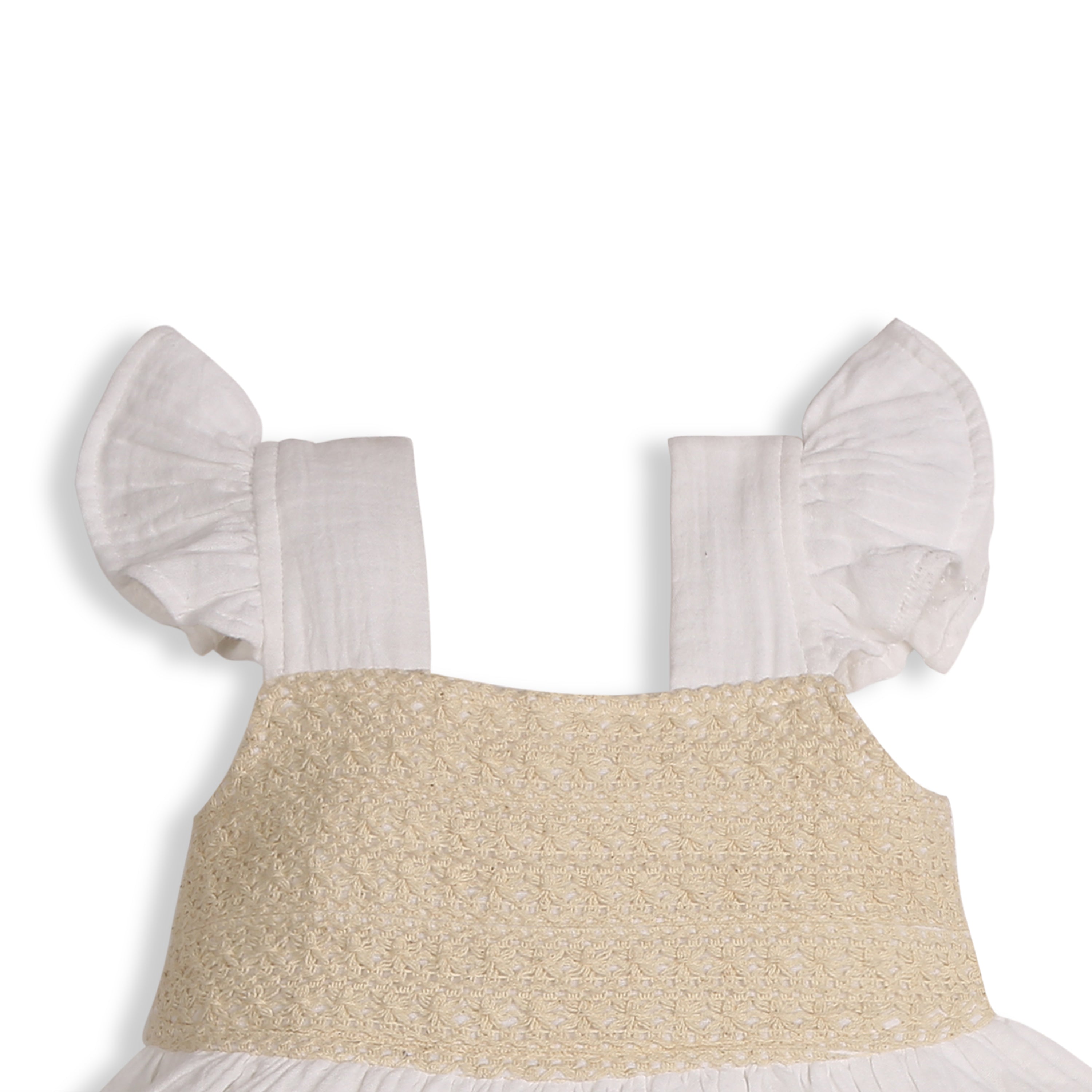 My Milestones Dove Crochet Yoke Dress in Double Cloth with Crochet Lace Details - White