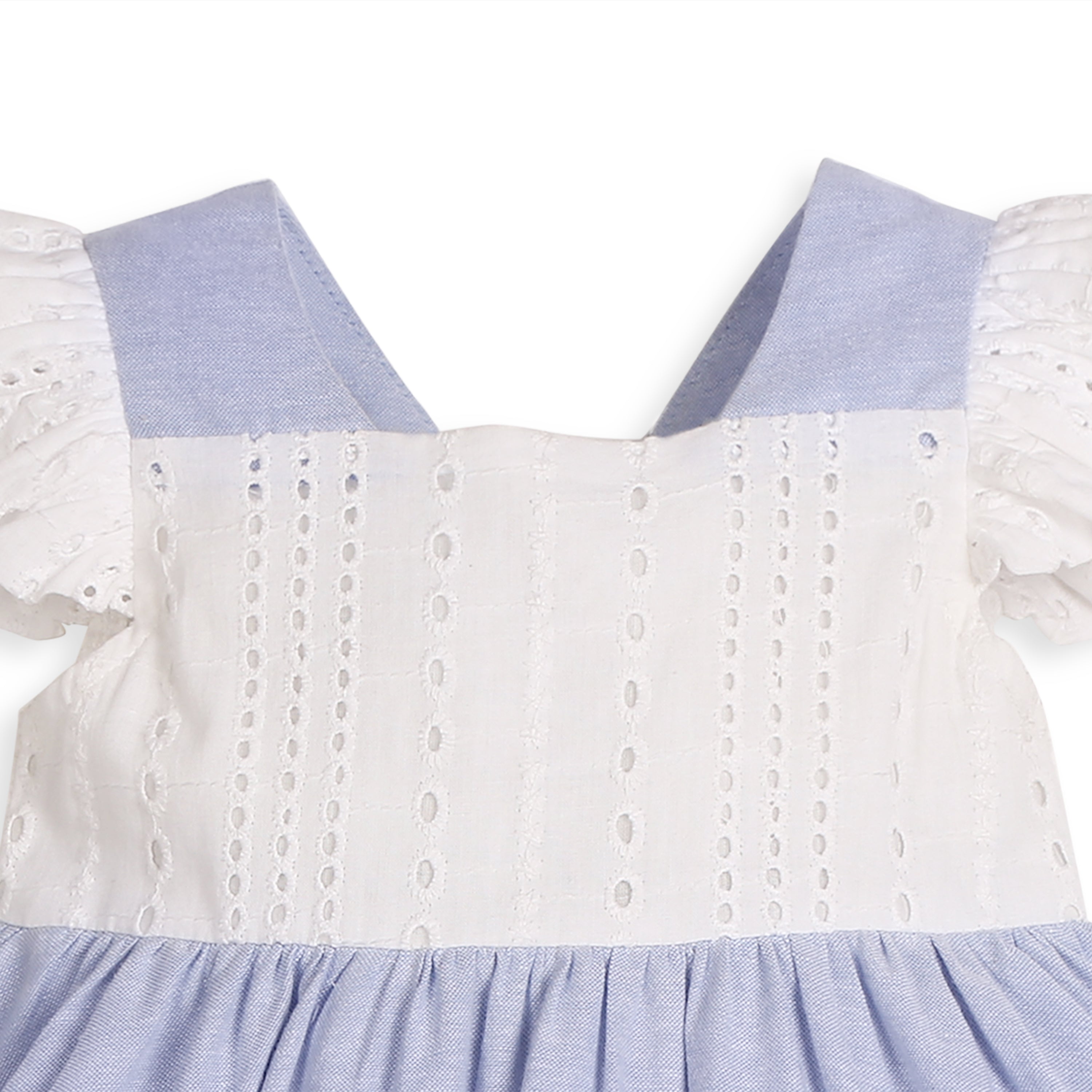 My Milestones Celeste Sky Pure Cotton Eyelet & Oxford Chambray Flared Dress with Lace Detail - White & Blue
