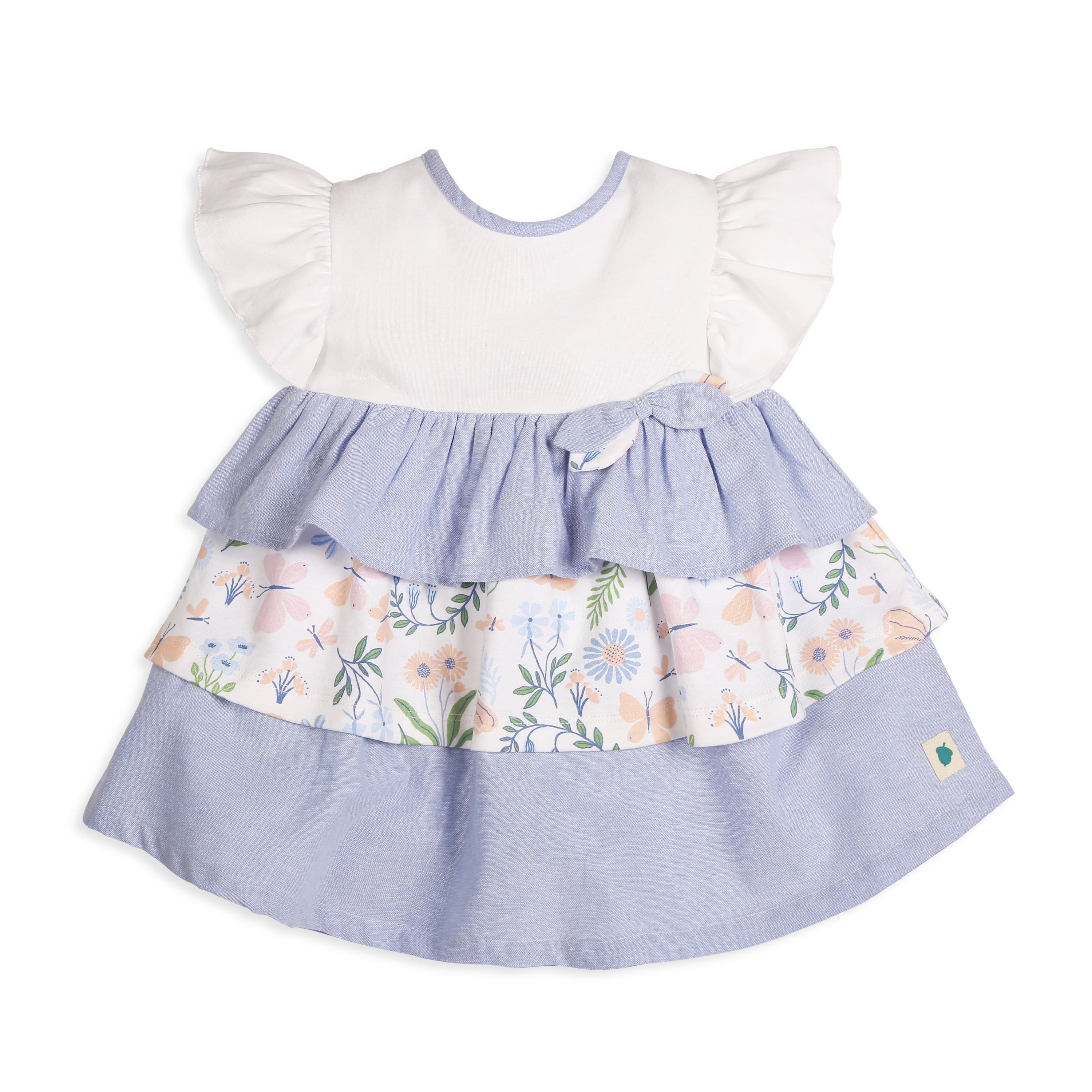 Milena Short-Sleeves Tiered Dress With A Mix Of Chambray & Enchanted Flora Print - Multi