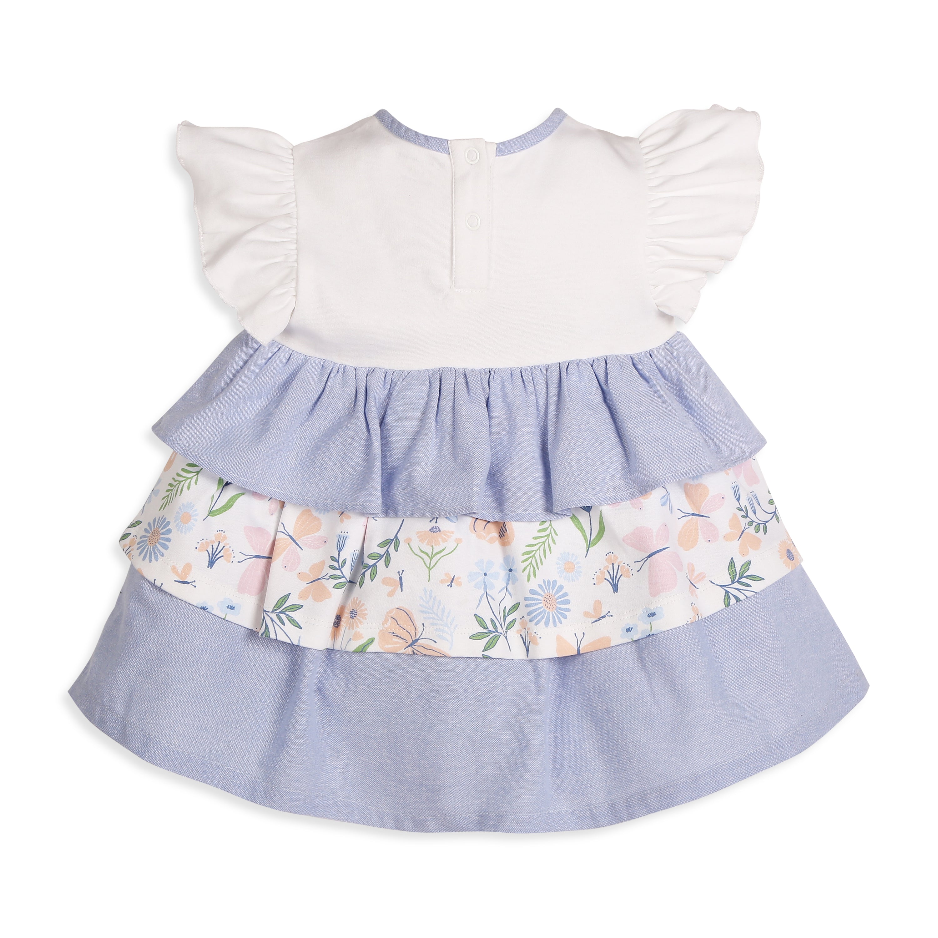 Milena Short-Sleeves Tiered Dress With A Mix Of Chambray & Enchanted Flora Print - Multi