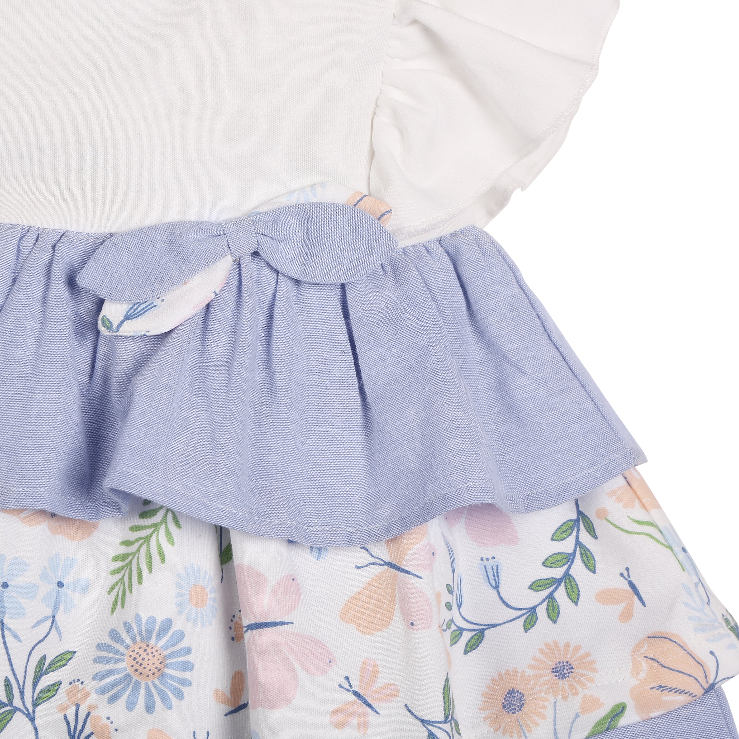 Milena Short-Sleeves Tiered Dress With A Mix Of Chambray & Enchanted Flora Print - Multi
