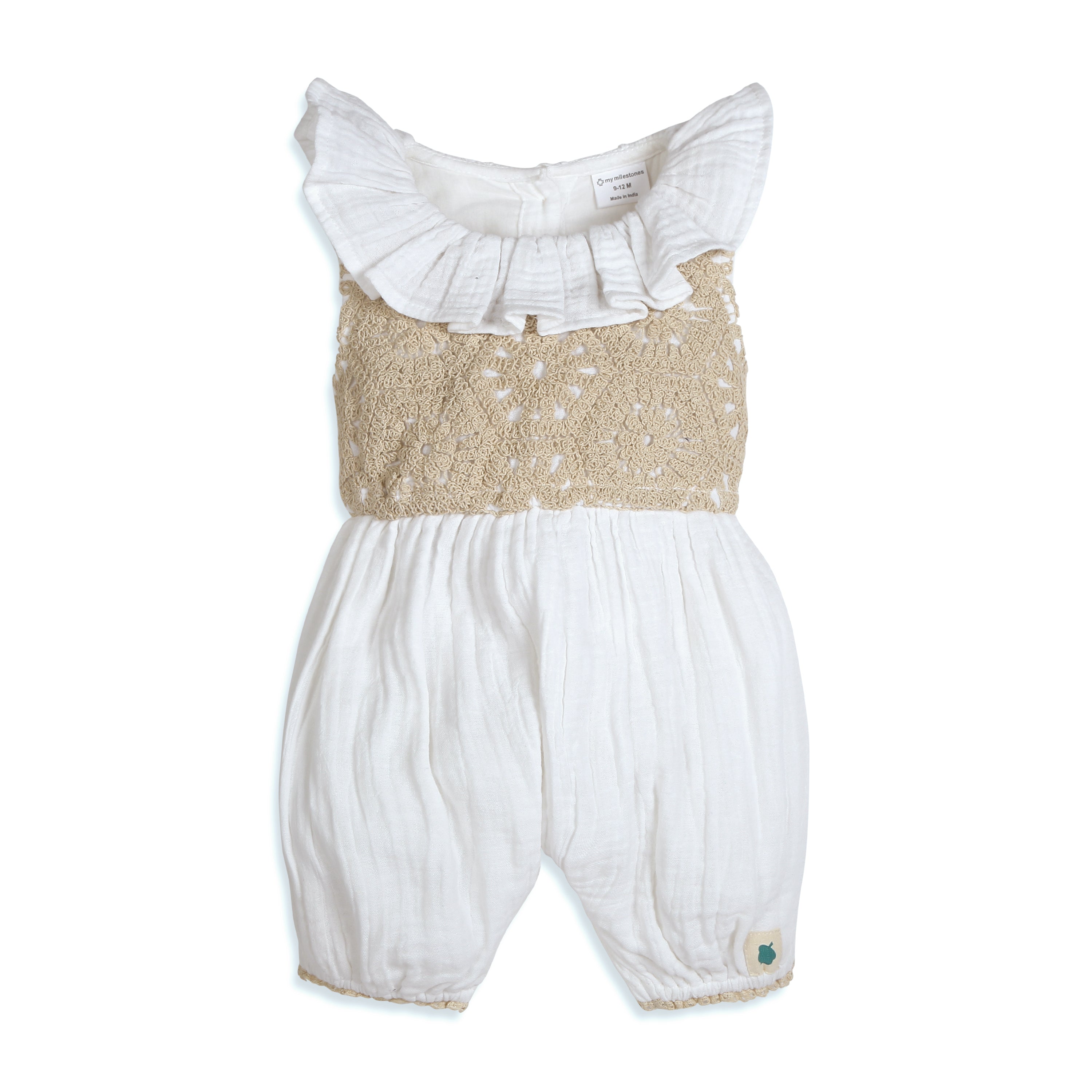 My Milestones Fawn Crochet Yoke Romper in Double Cloth with Ruffle Details - White