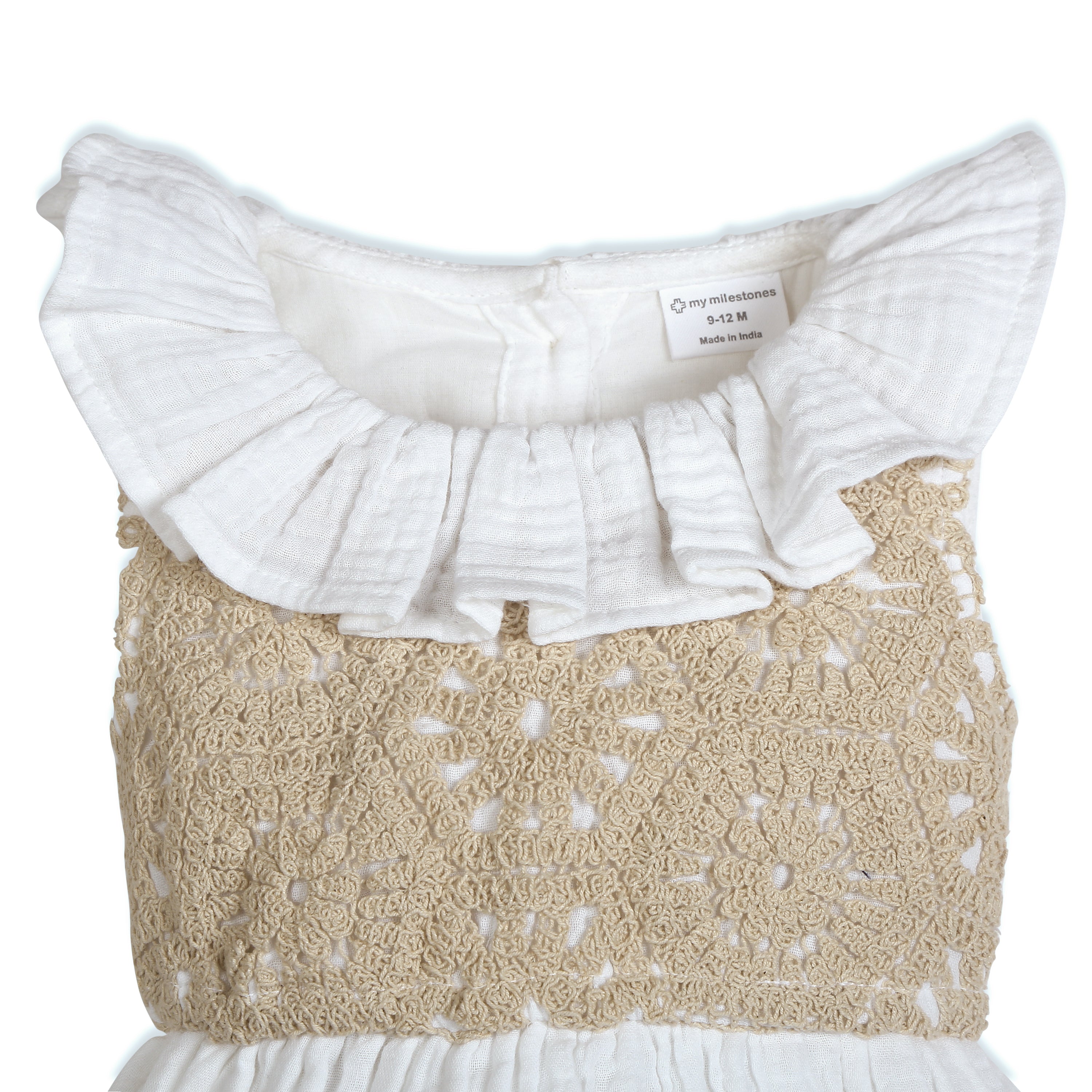 My Milestones Fawn Crochet Yoke Romper in Double Cloth with Ruffle Details - White
