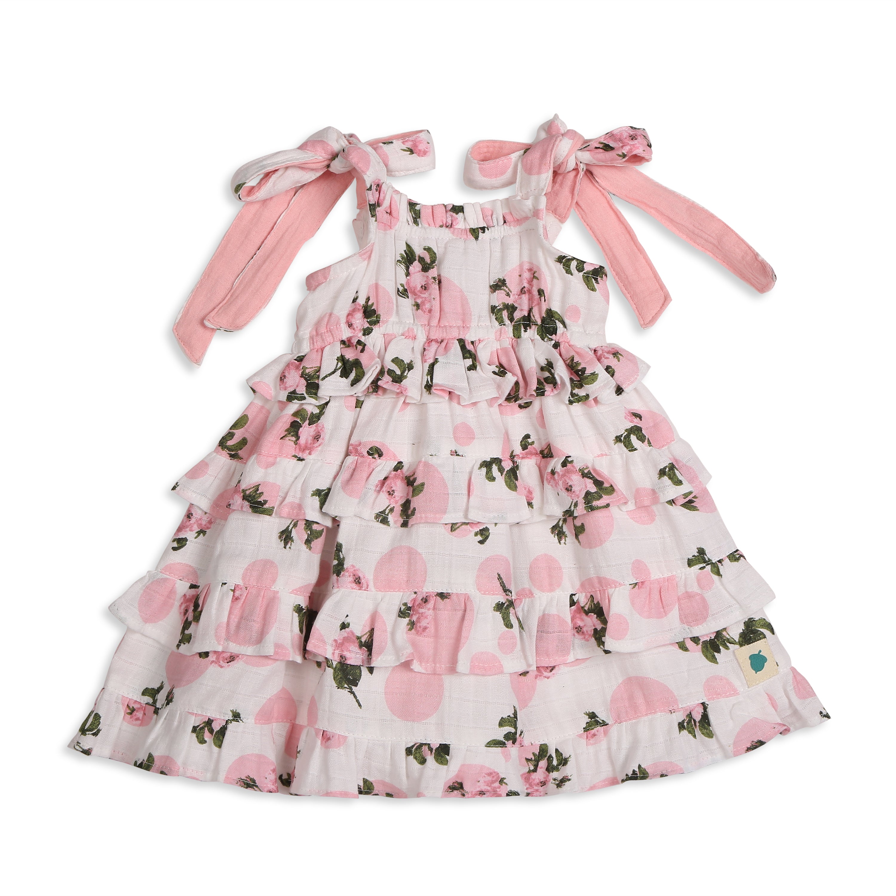 Eva Sleeveless Strap Muslin Dress With Ruffles In Blossom Tea Rose Print - White