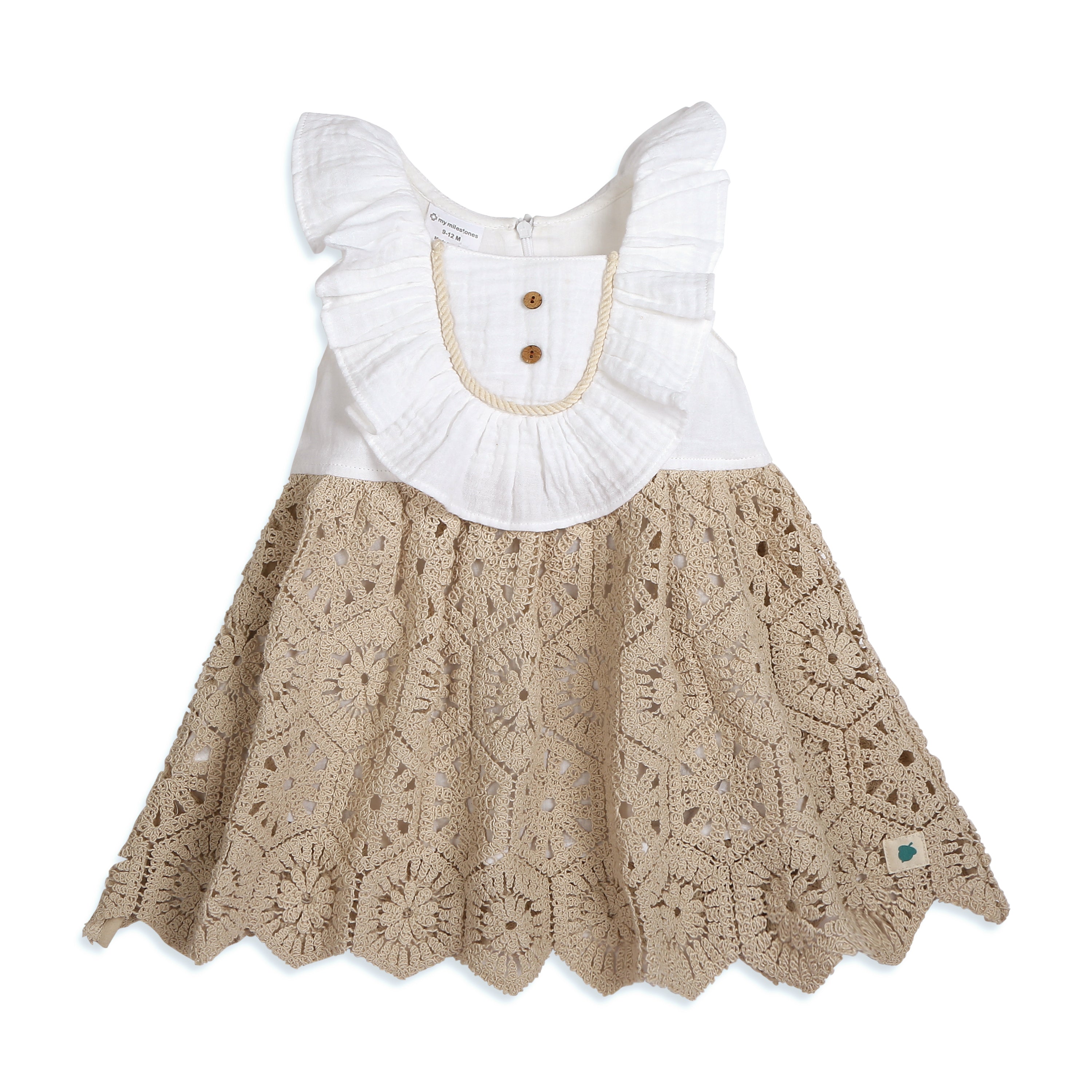 My Milestones Hazel Premium Crochet Dress with Ruffles at Yoke in Double Cloth - White & Beige