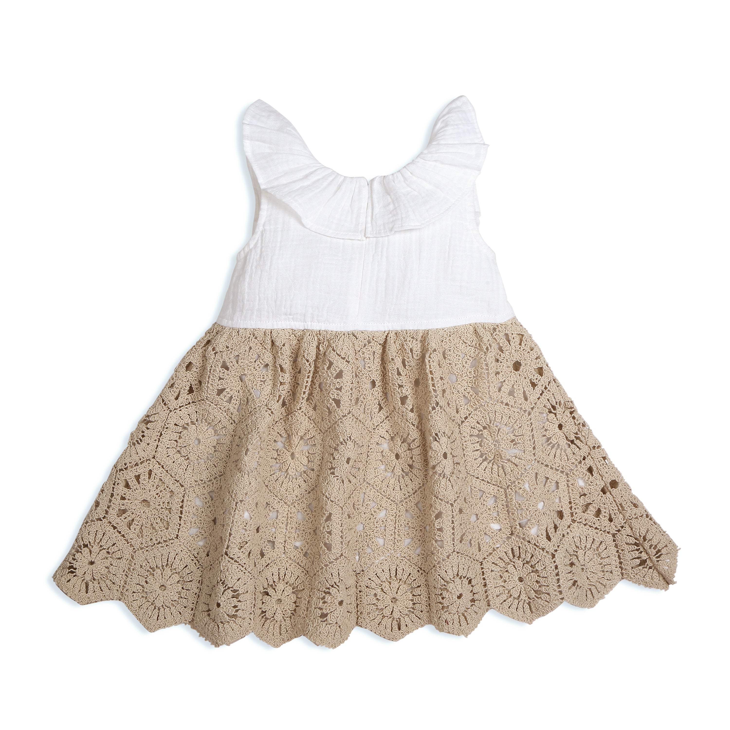 My Milestones Hazel Premium Crochet Dress with Ruffles at Yoke in Double Cloth - White & Beige