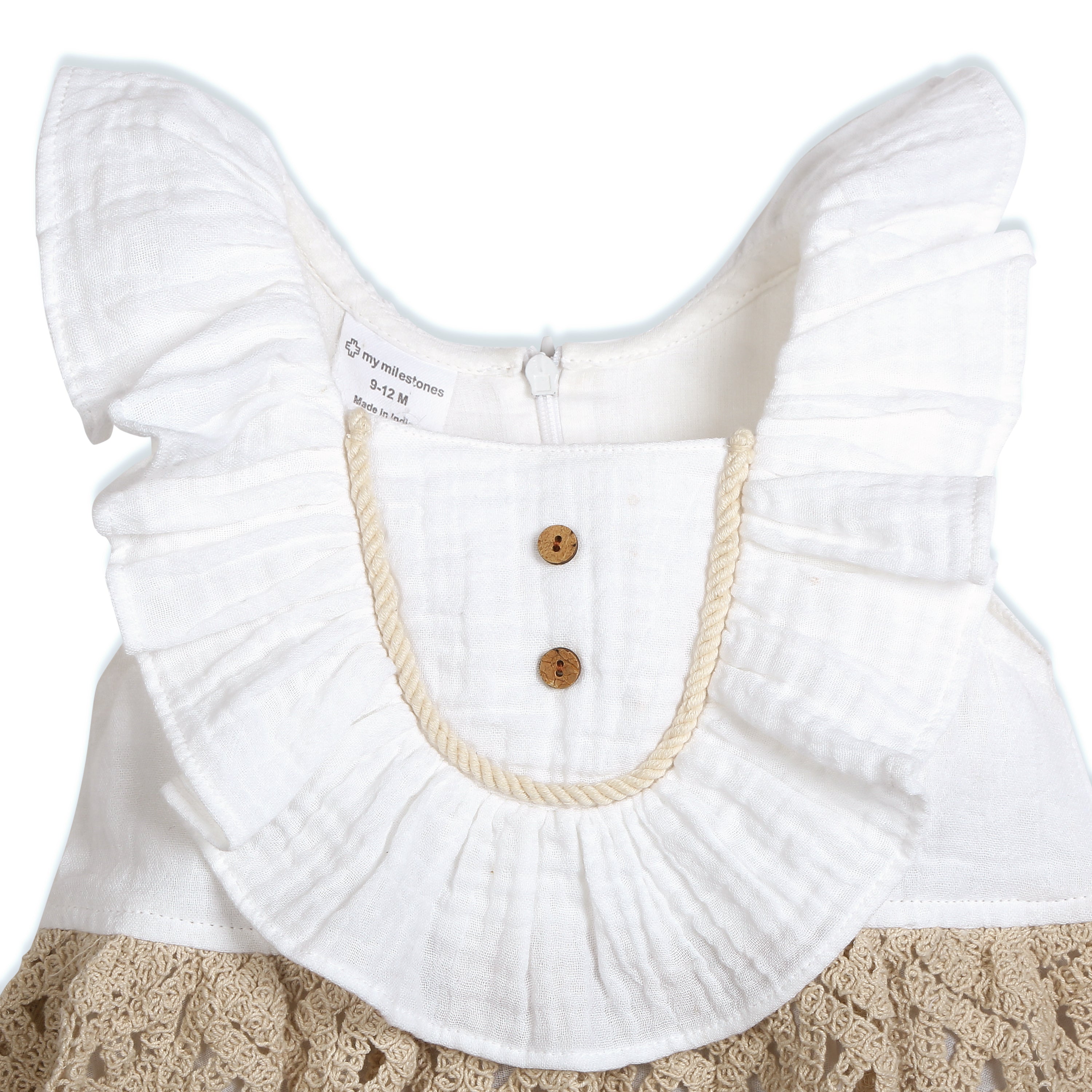 My Milestones Hazel Premium Crochet Dress with Ruffles at Yoke in Double Cloth - White & Beige