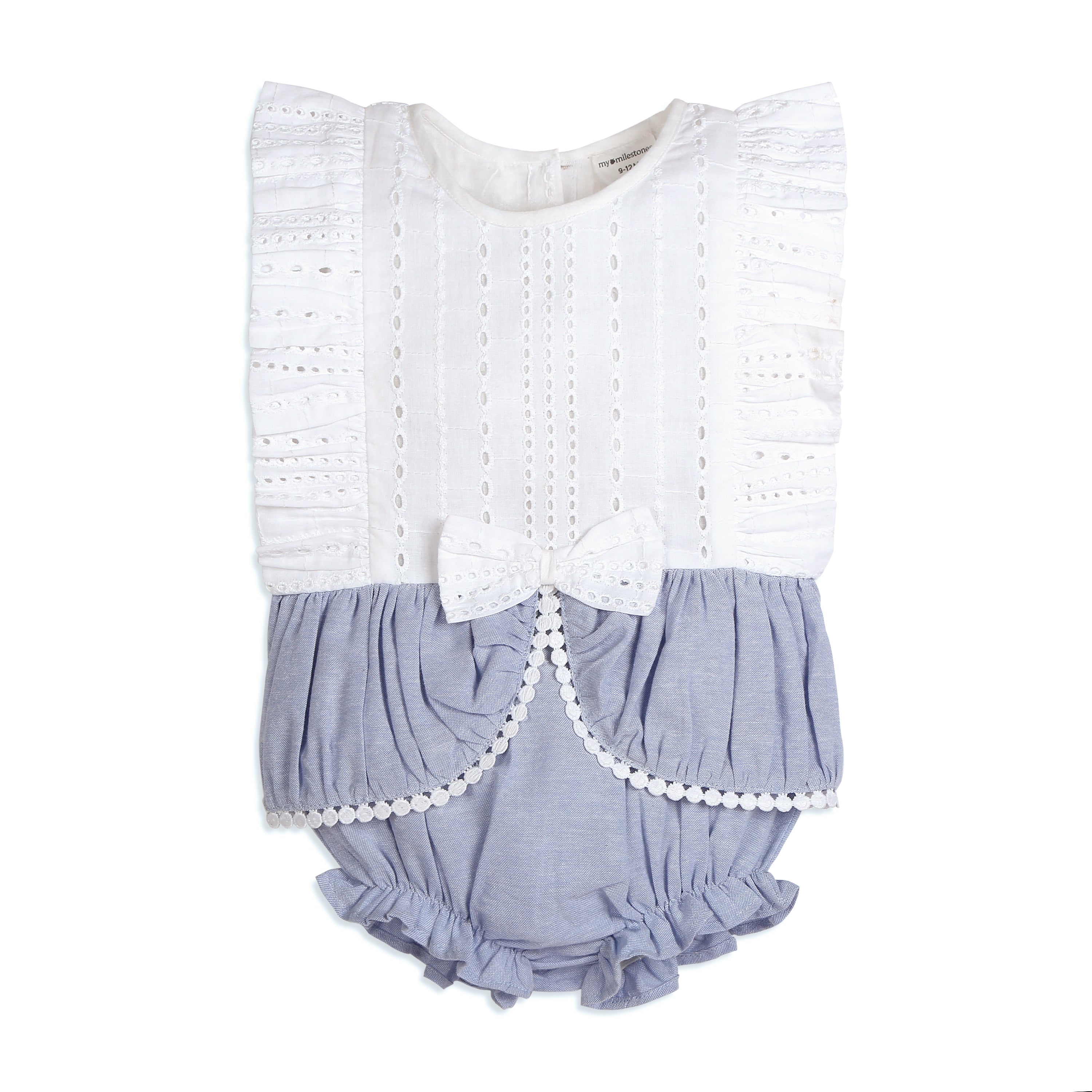 My Milestones Luna Sky Pure Cotton Eyelet Short Romper with Ruffles & Lace Details - White & Blue