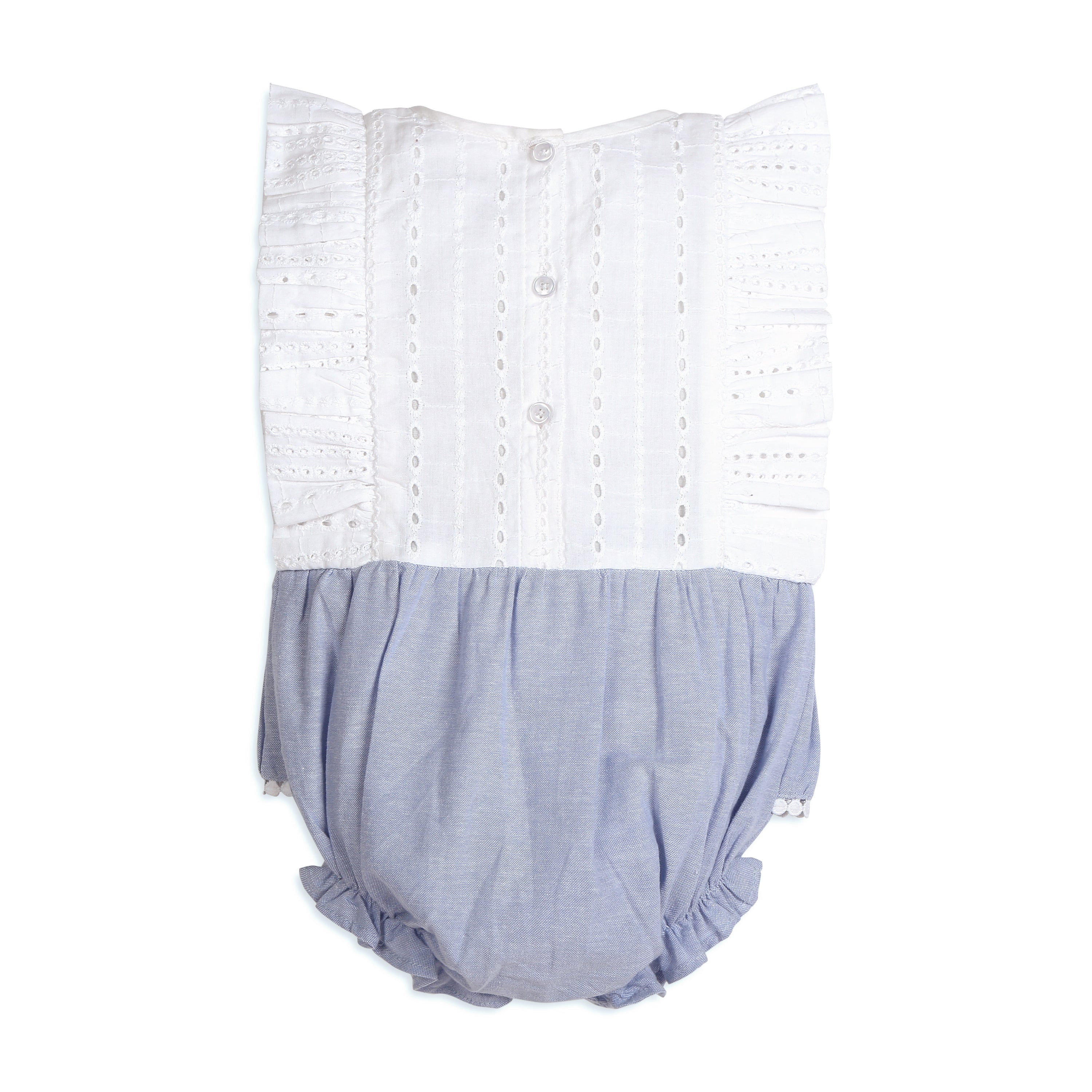 My Milestones Luna Sky Pure Cotton Eyelet Short Romper with Ruffles & Lace Details - White & Blue
