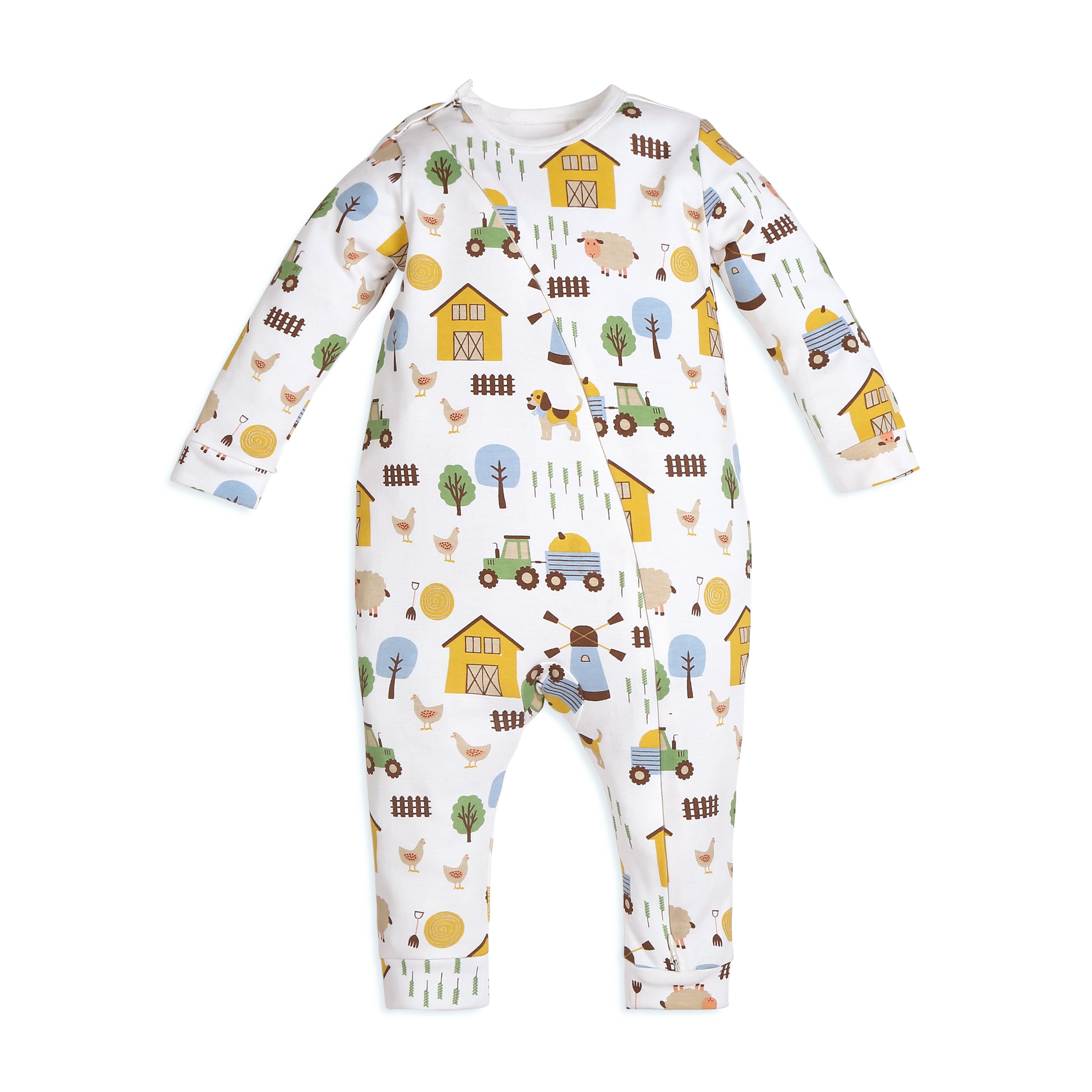 My Milestones Long Sleeves Barnyard Print Full Sleeves Two Way Zipper Romper - White