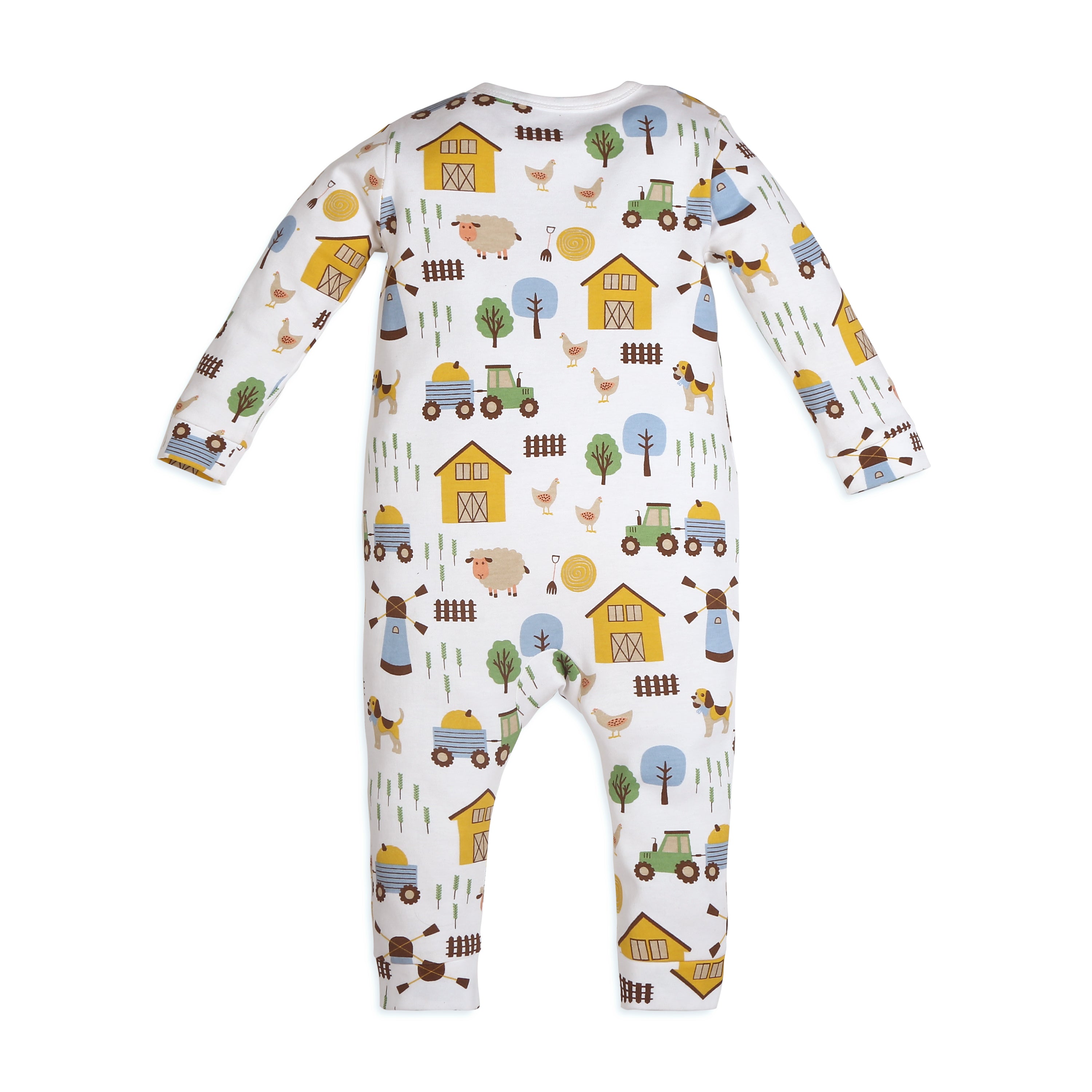 My Milestones Long Sleeves Barnyard Print Full Sleeves Two Way Zipper Romper - White