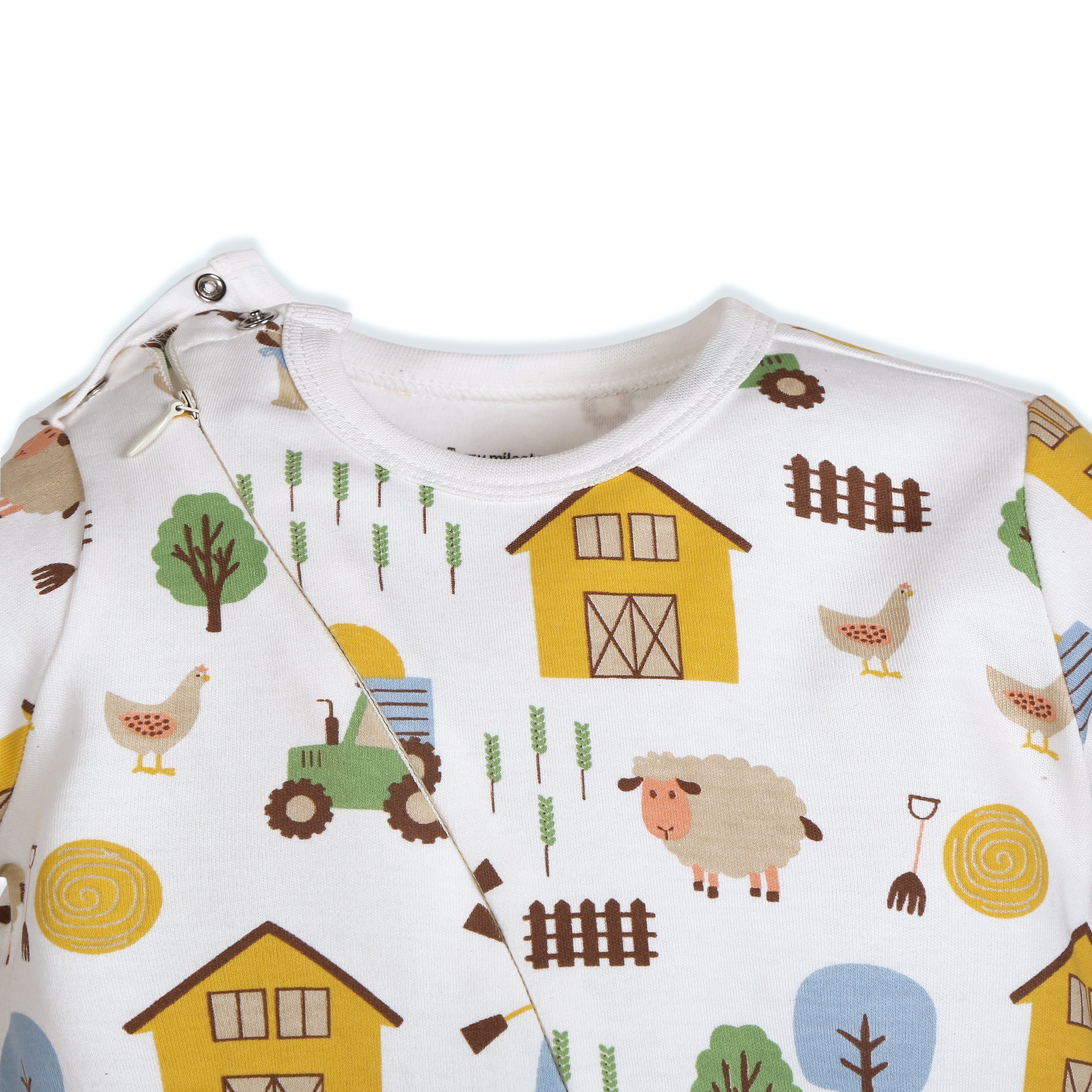 My Milestones Long Sleeves Barnyard Print Full Sleeves Two Way Zipper Romper - White