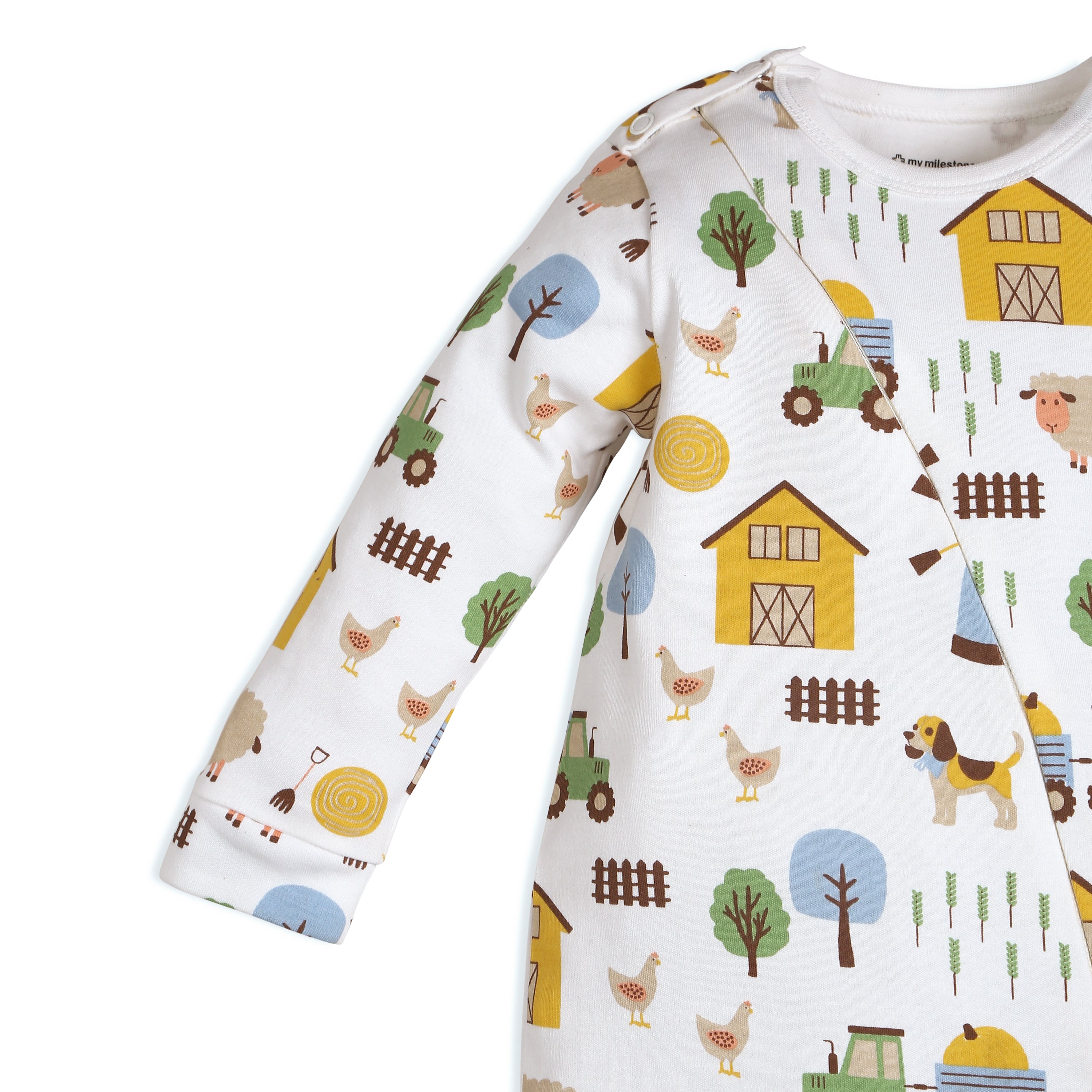 My Milestones Long Sleeves Barnyard Print Full Sleeves Two Way Zipper Romper - White