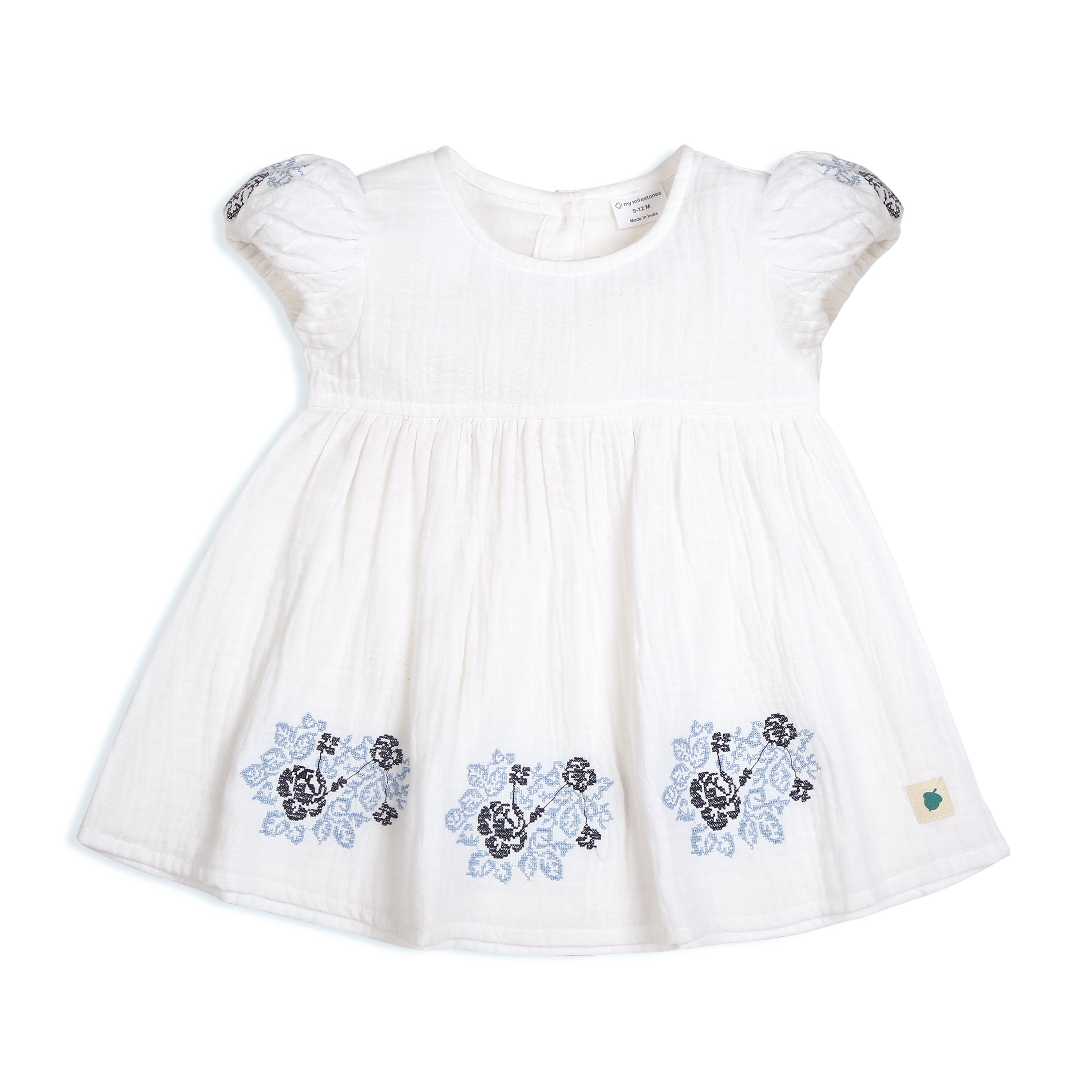 My Milestones Celeste Sky Pure Cotton Eyelet & Oxford Chambray Flared Dress with Lace Detail - White