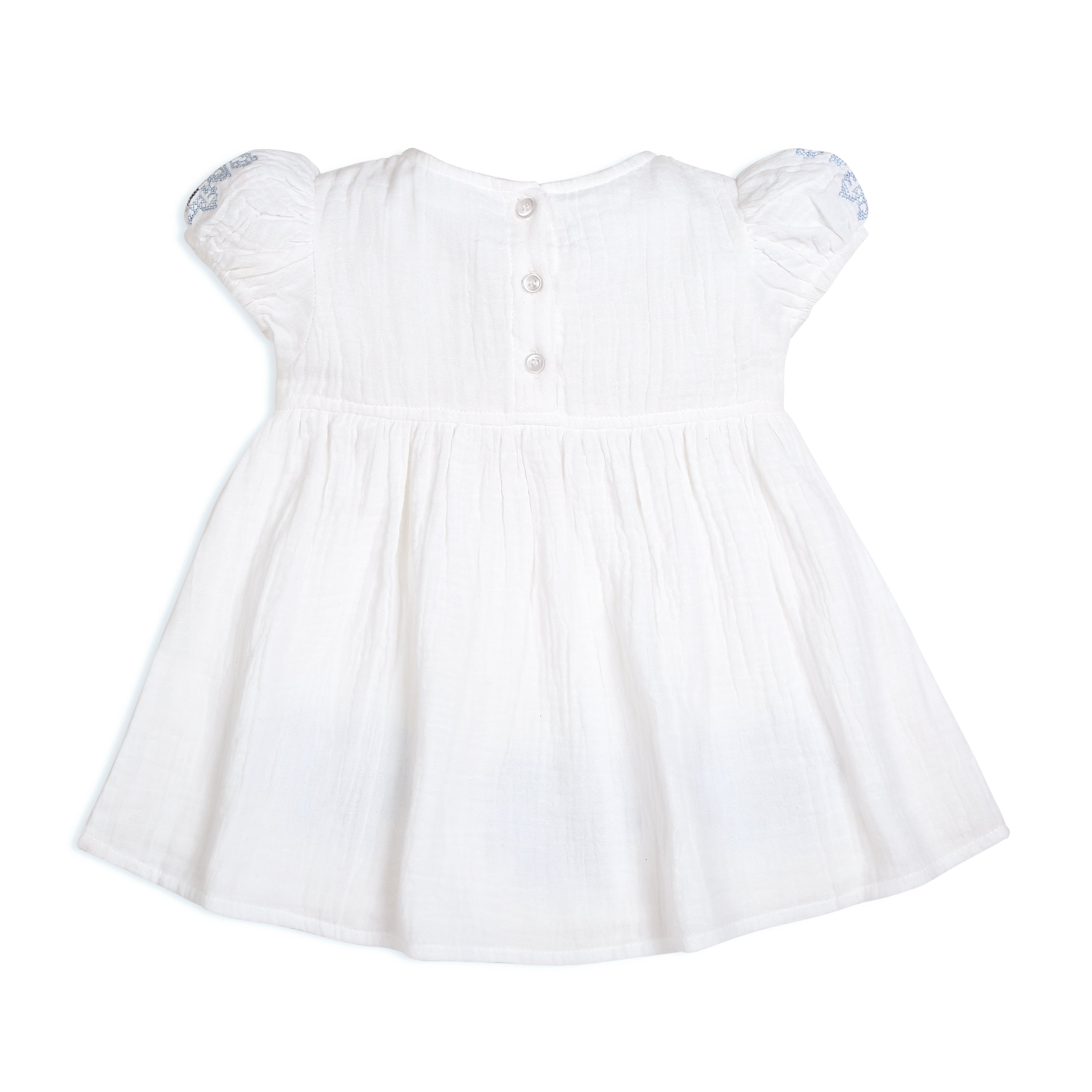 My Milestones Celeste Sky Pure Cotton Eyelet & Oxford Chambray Flared Dress with Lace Detail - White