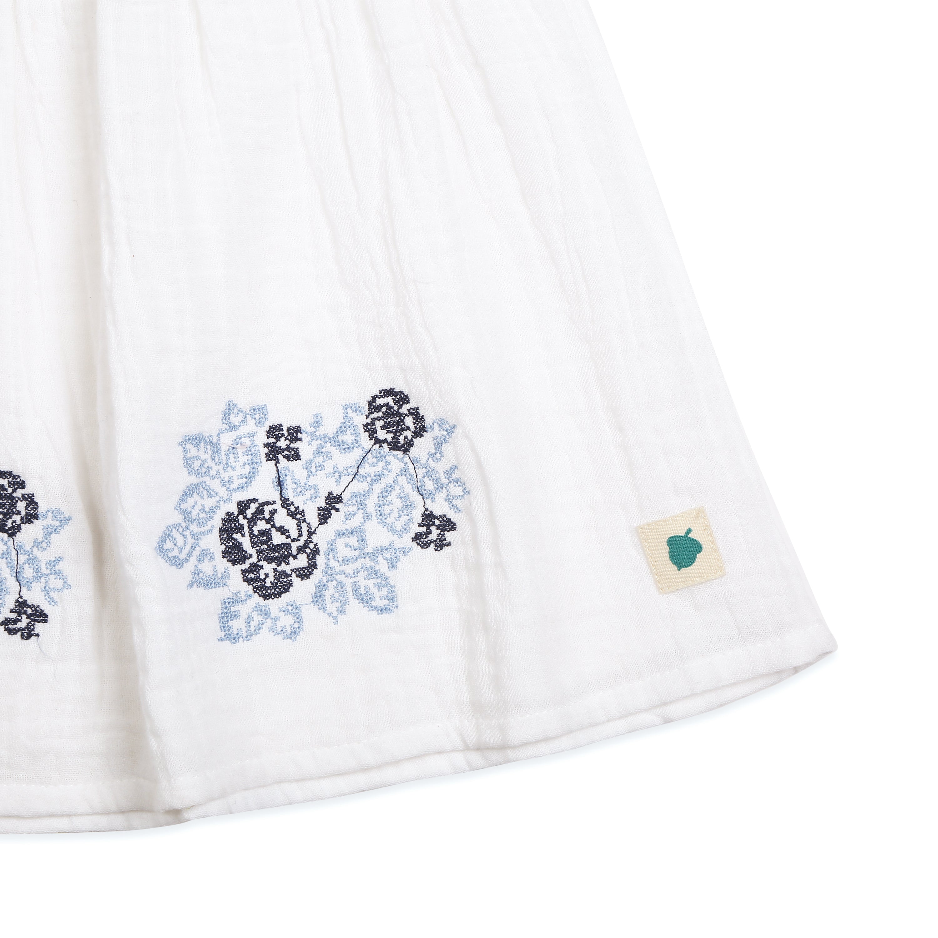My Milestones Celeste Sky Pure Cotton Eyelet & Oxford Chambray Flared Dress with Lace Detail - White
