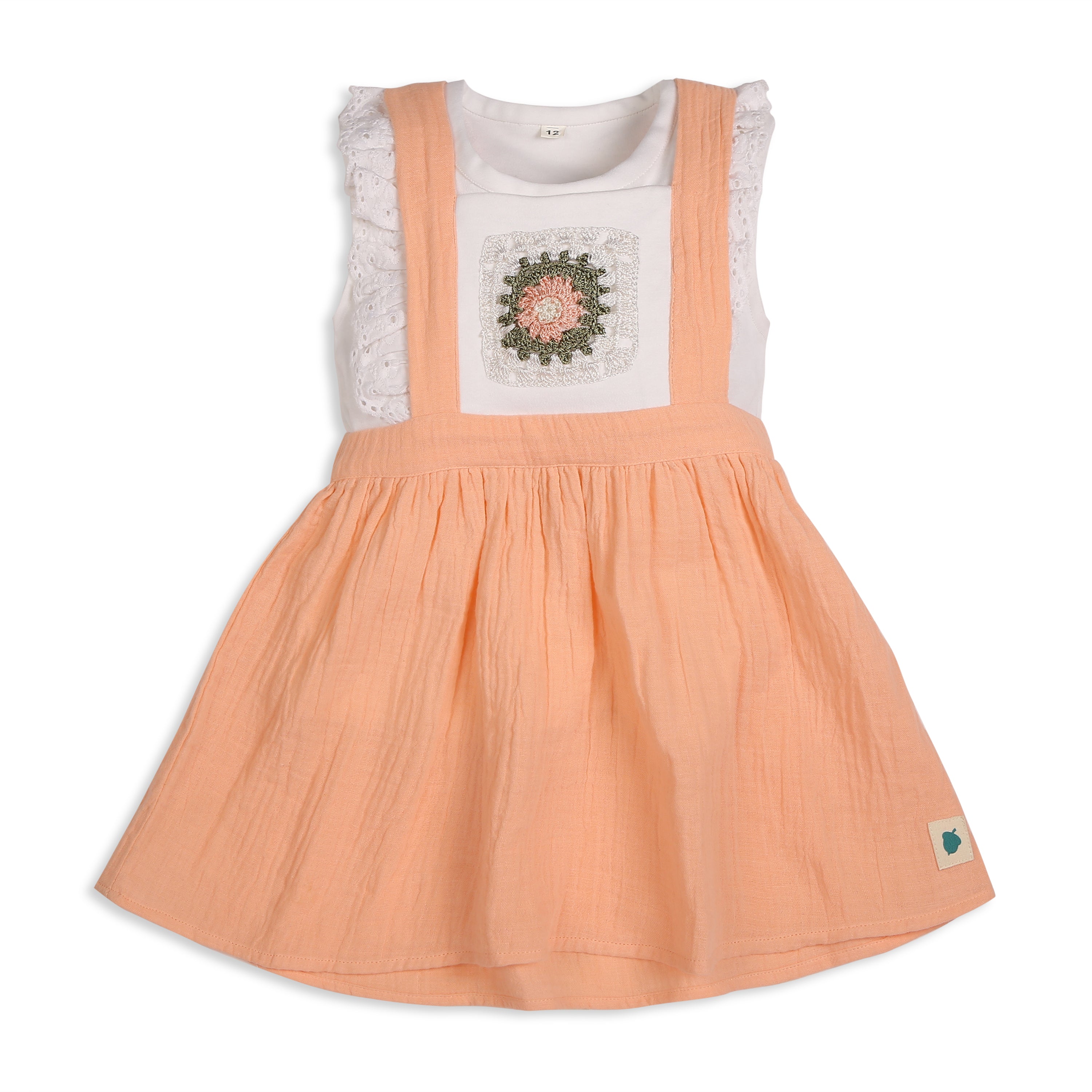 My Milestones Peony Handcrafted Crochet Detail Dungaree Dress in Double Cloth with Bio-Wash Ruffle Detail Tee - Peach