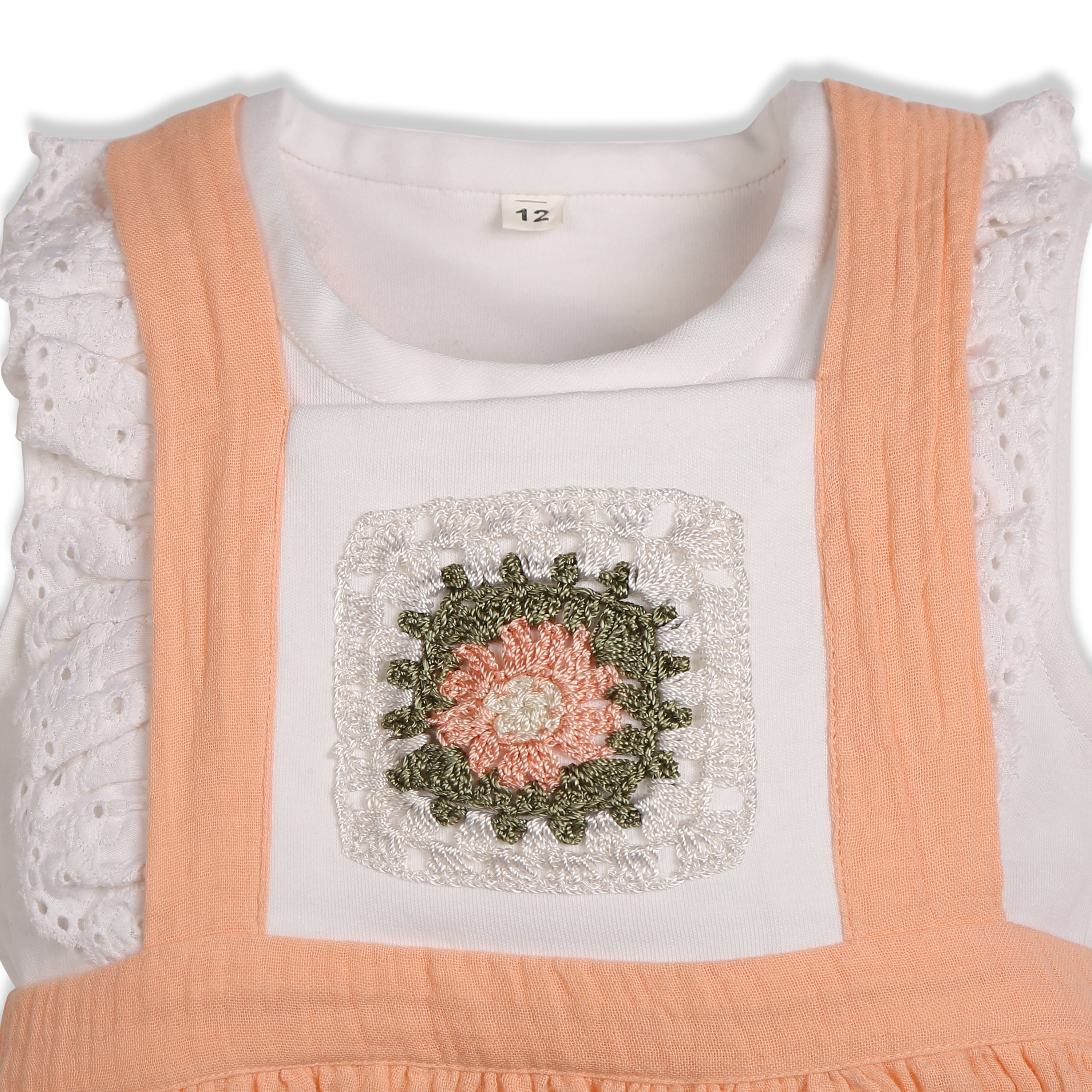 My Milestones Peony Handcrafted Crochet Detail Dungaree Dress in Double Cloth with Bio-Wash Ruffle Detail Tee - Peach