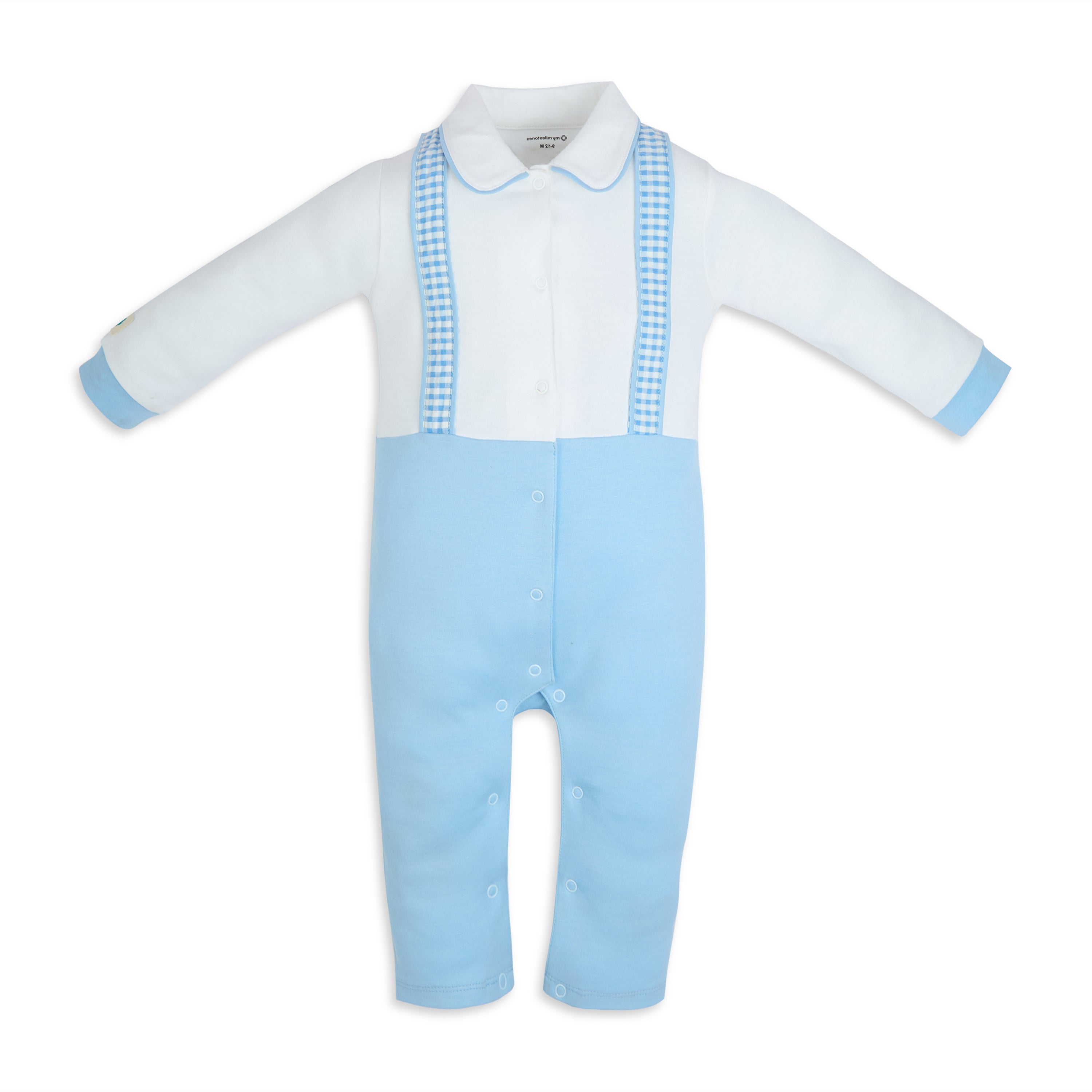 My Milestones Henry Full Sleeves Romper With Gingham Straps - Blue & White