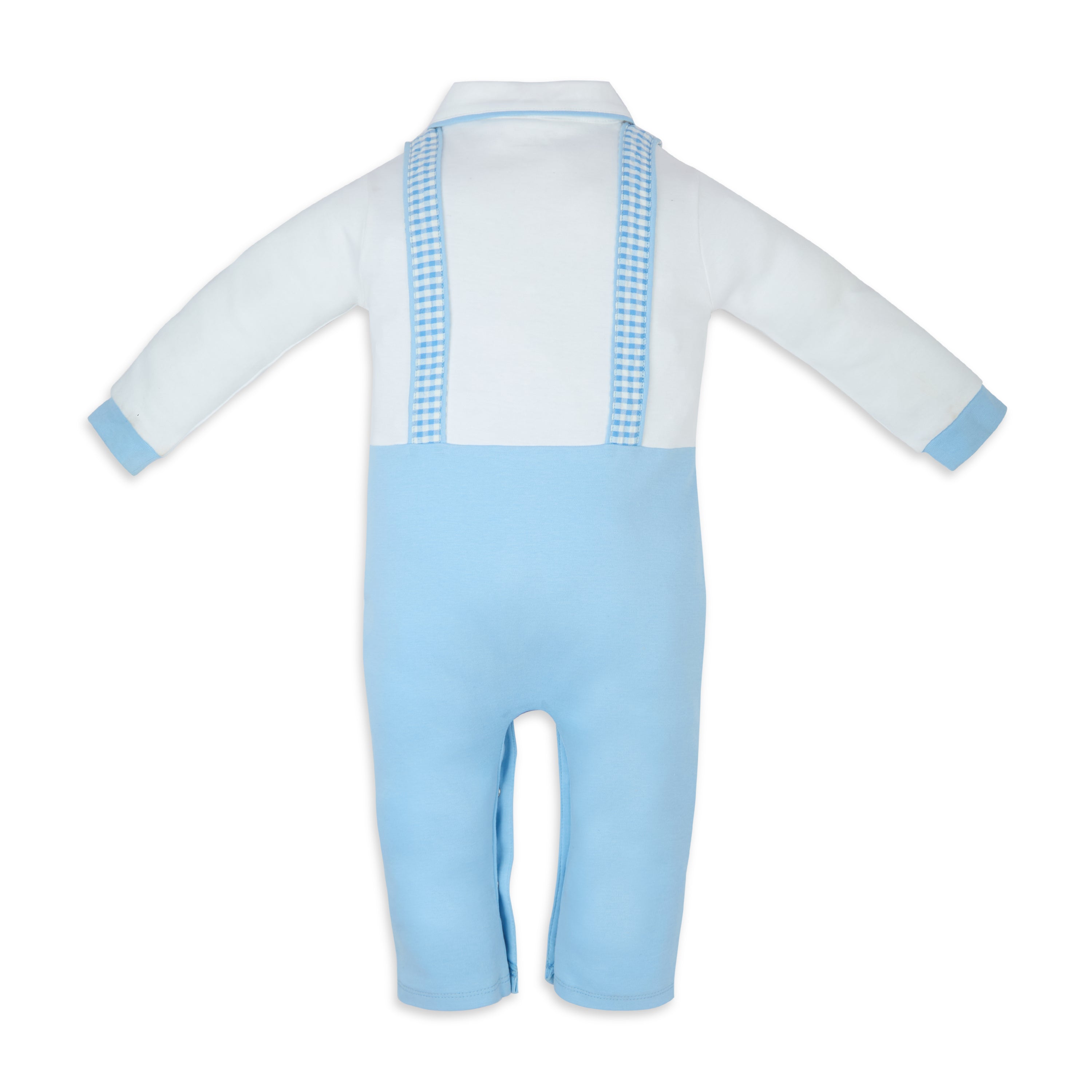 My Milestones Henry Full Sleeves Romper With Gingham Straps - Blue & White