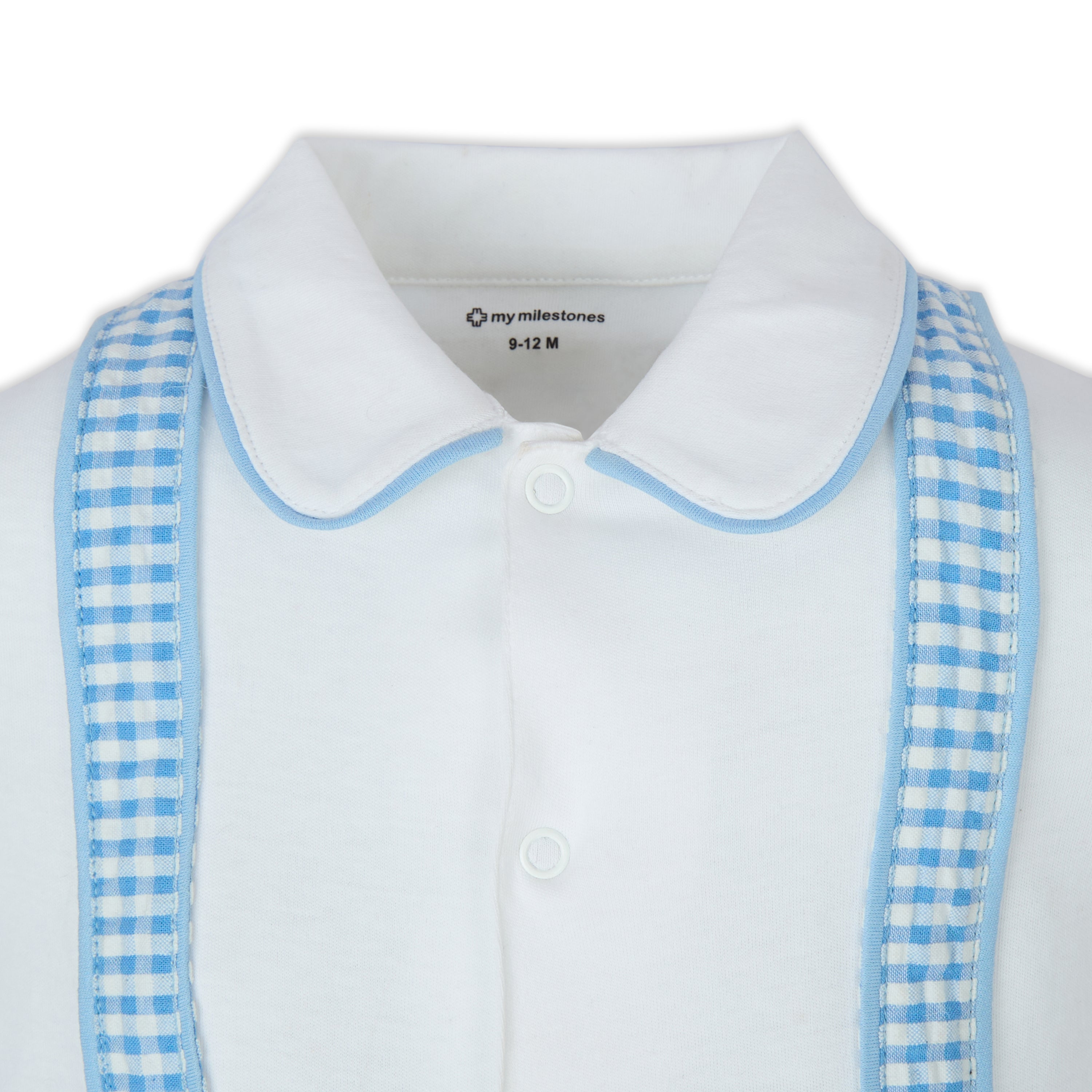 My Milestones Henry Full Sleeves Romper With Gingham Straps - Blue & White