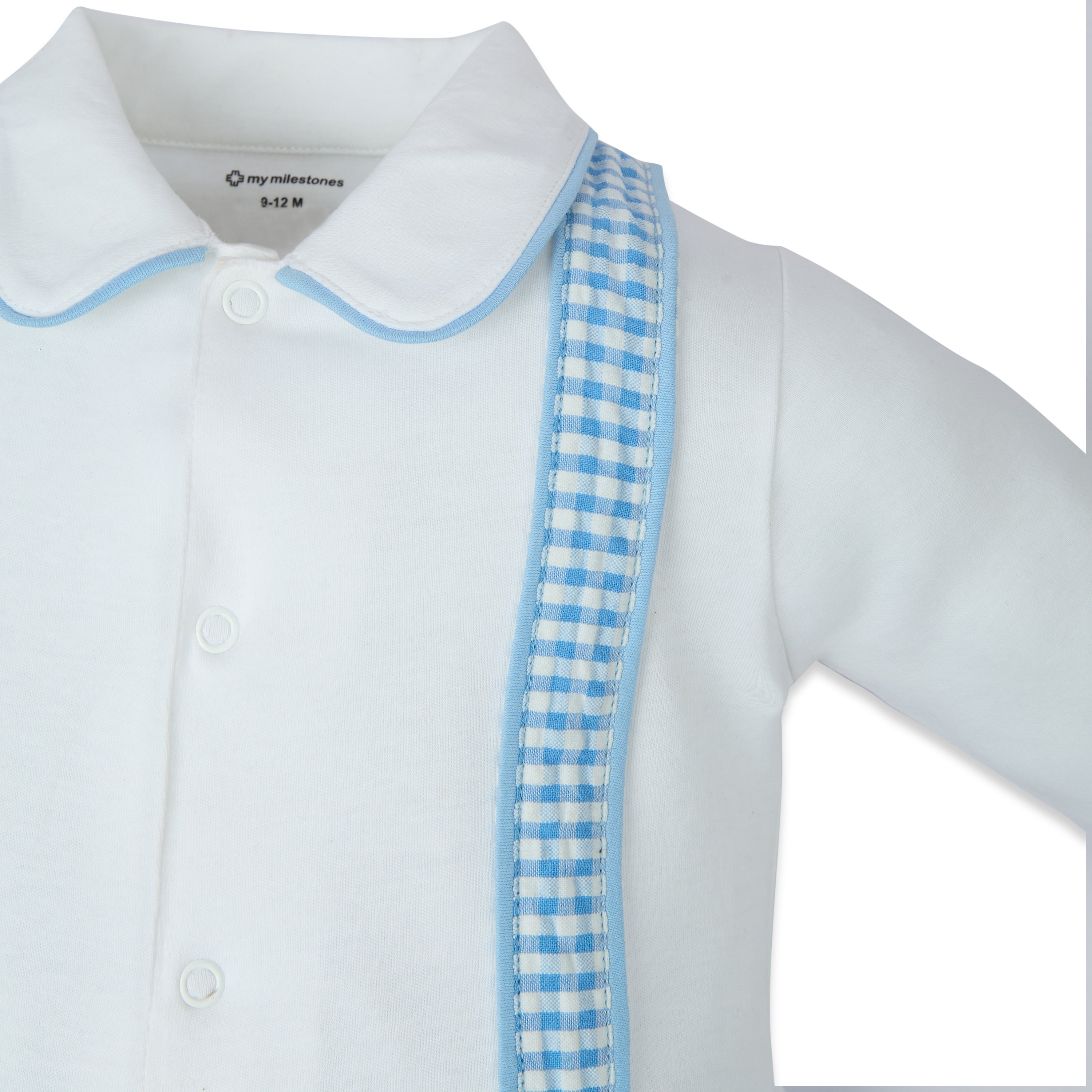 My Milestones Henry Full Sleeves Romper With Gingham Straps - Blue & White