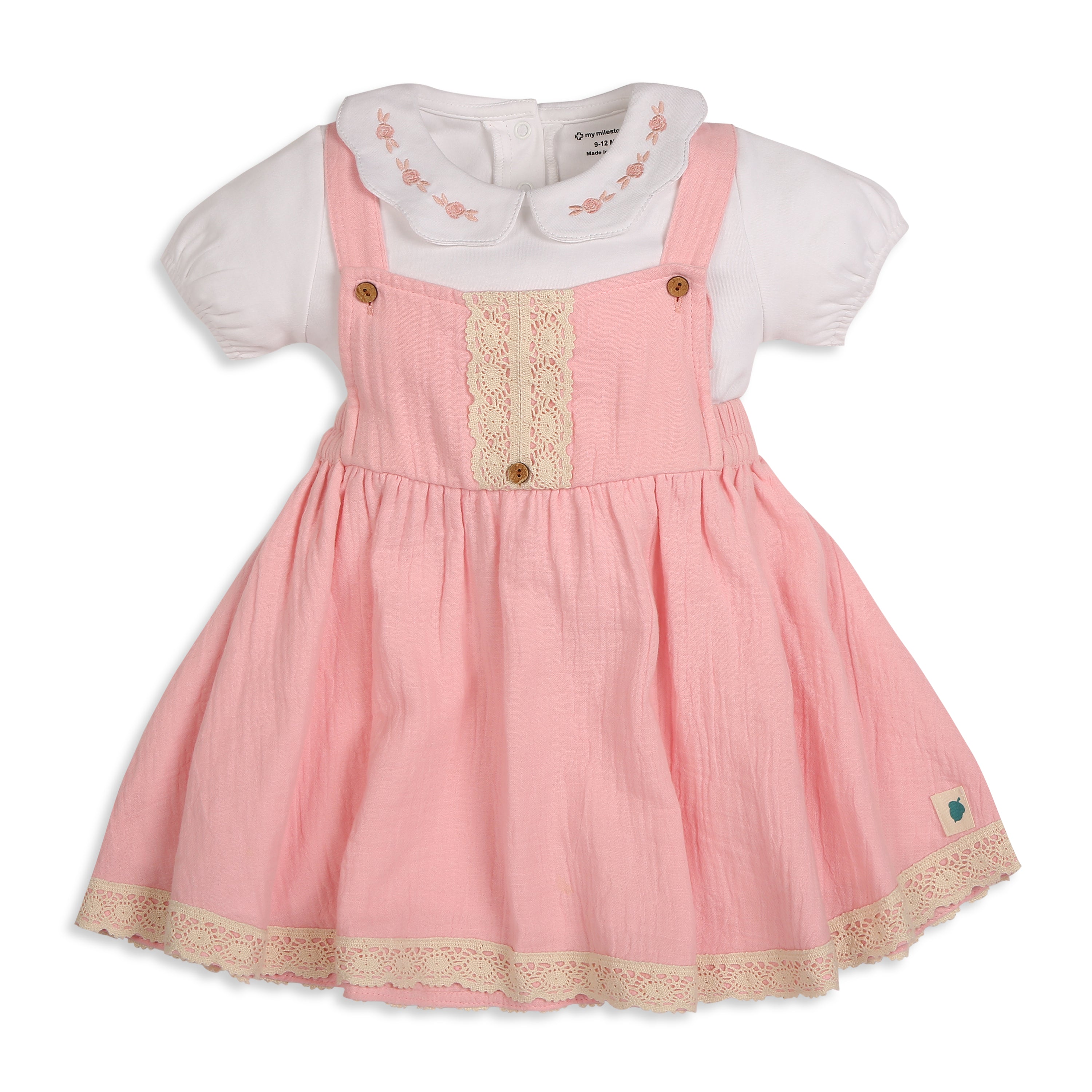 My Milestones Baby Girl Chloé Dungaree Dress With Crochet Details And Embroidered Tee - White & Pink