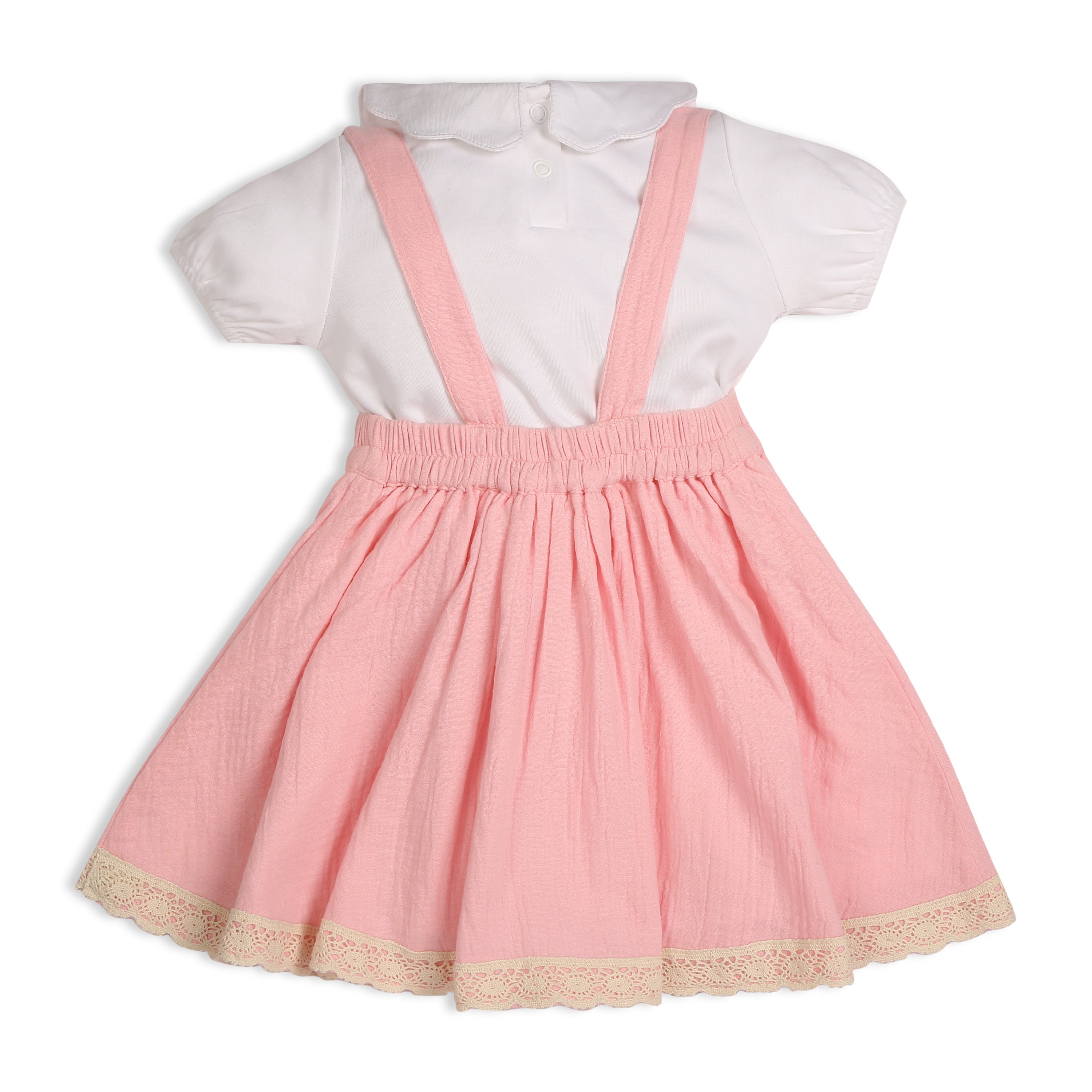 My Milestones Baby Girl Chloé Dungaree Dress With Crochet Details And Embroidered Tee - White & Pink