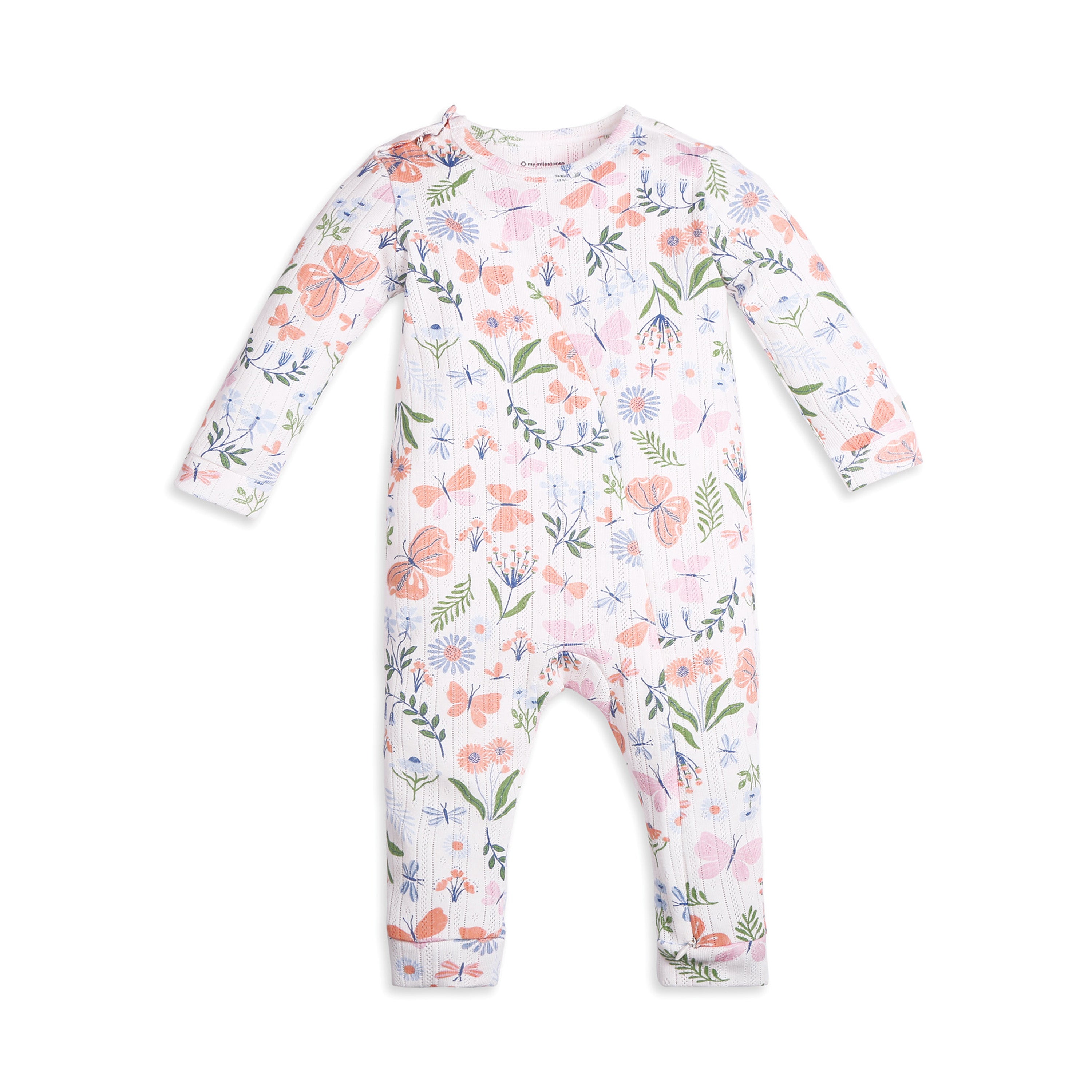 My Milestones Long Sleeves Pointelle Two Way Zipper Romper Enchanted Flora Print - Offwhite