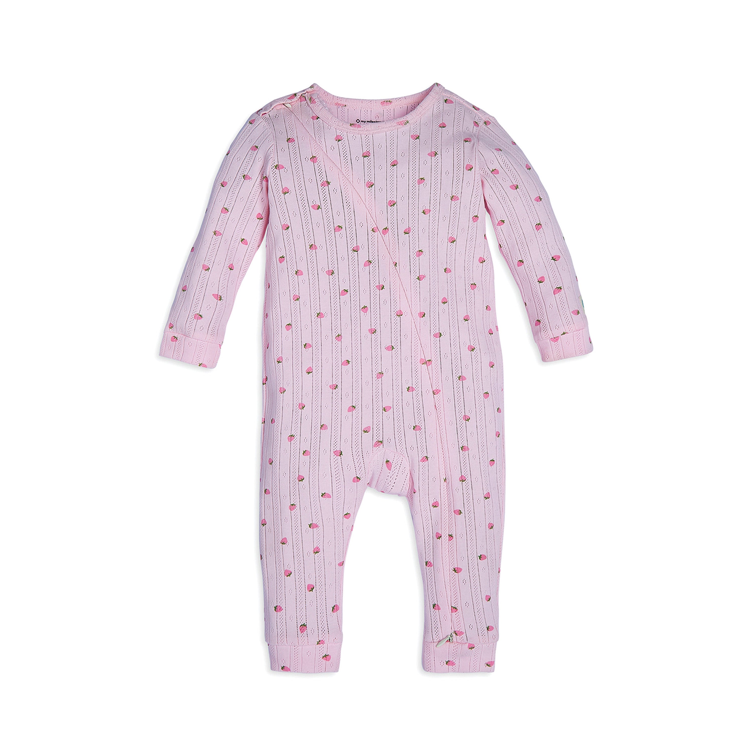 My Milestones Long Sleeves Pointelle Two Way Zipper Romper Strawberry Print - Pink
