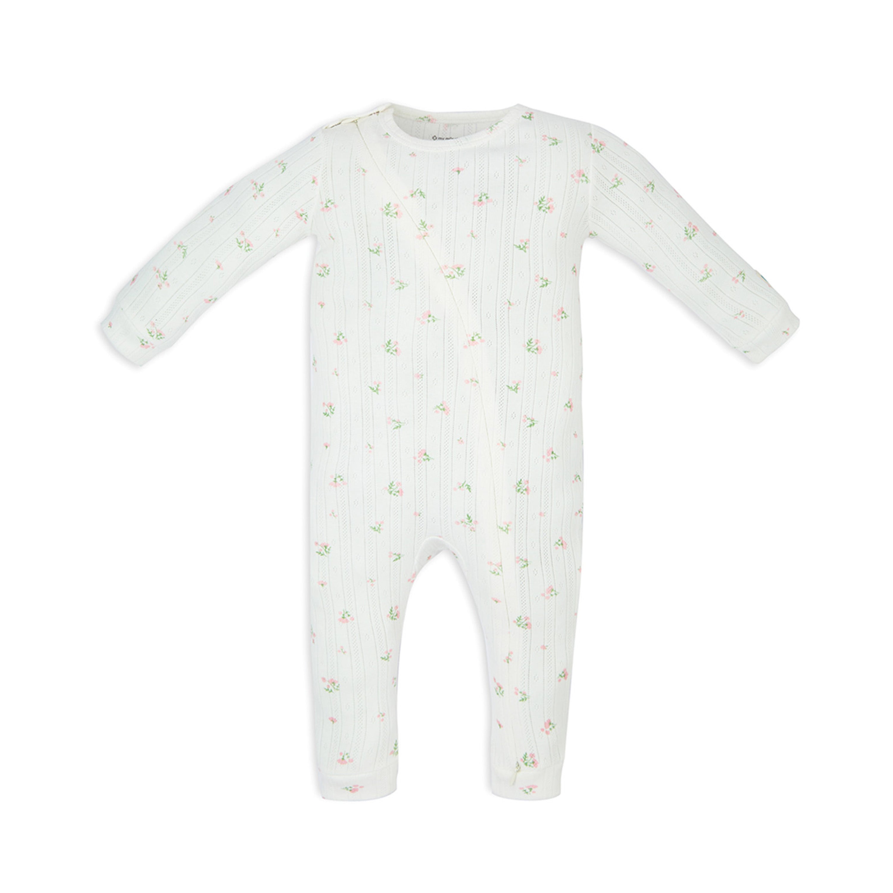 My Milestones Bio-Wash Pointelle Long Sleeves 2-Way Zipper Romper in Petite Petals Print - Off White