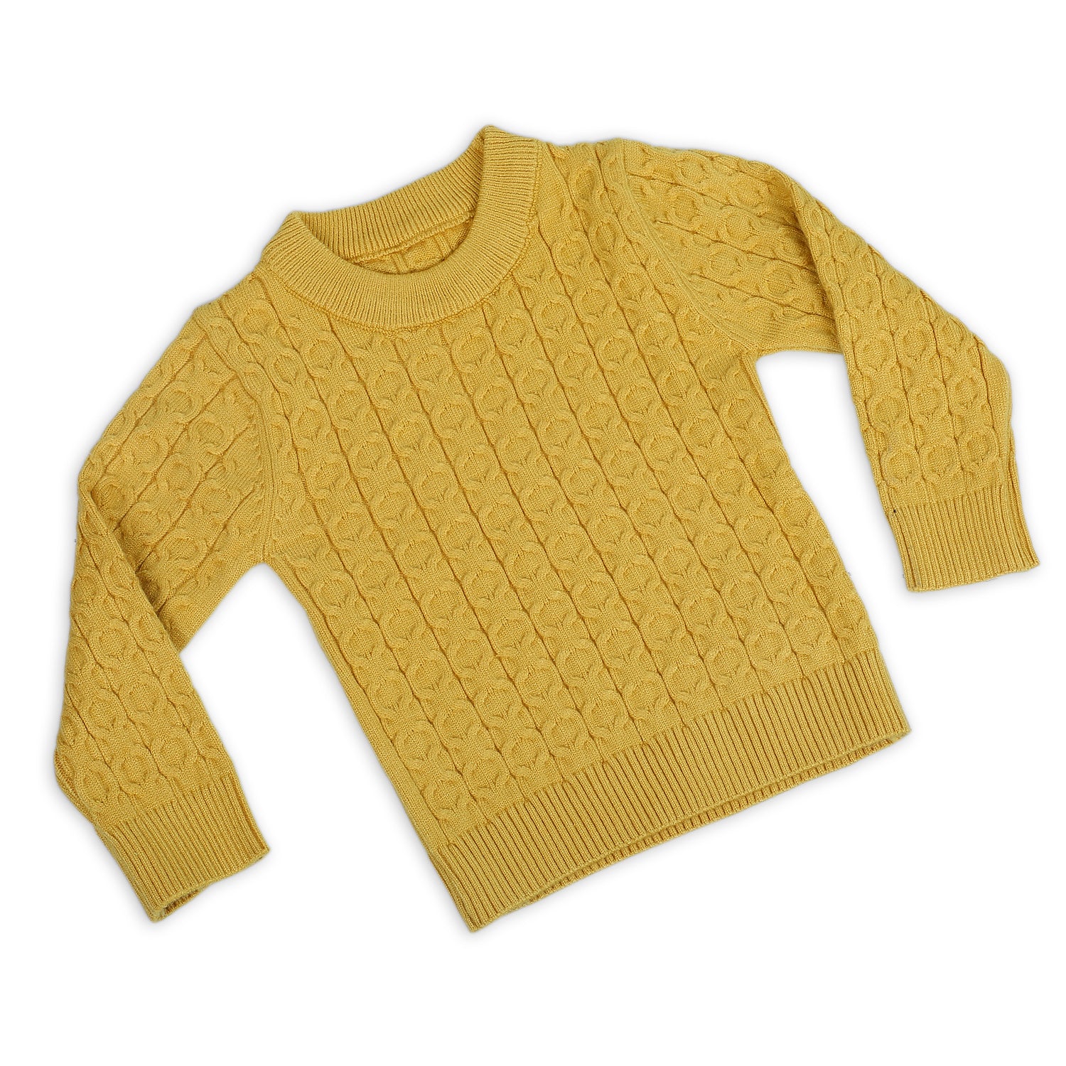 Classic Solid Round Neck Premium Full Sleeves Cable Knit Sweater - Mustard - Baby Moo