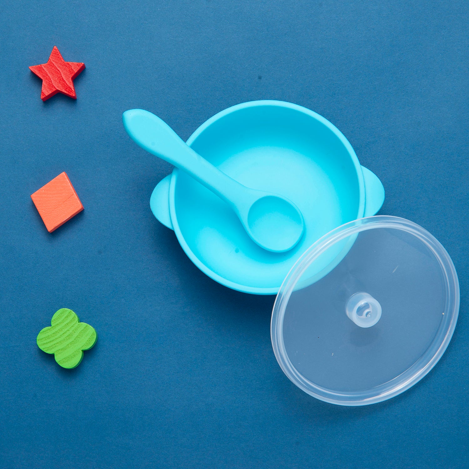 Blue Silicon Bowl With Lid And Spoon Set