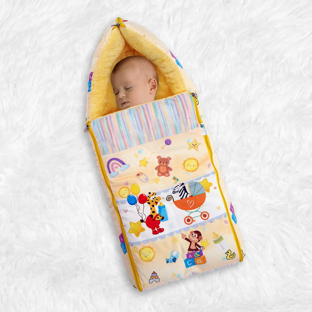 Baby Moo Zebra in Pram Premium Carry Nest Velvet With Fur Lining Sleeping Bag - Yellow - Baby Moo