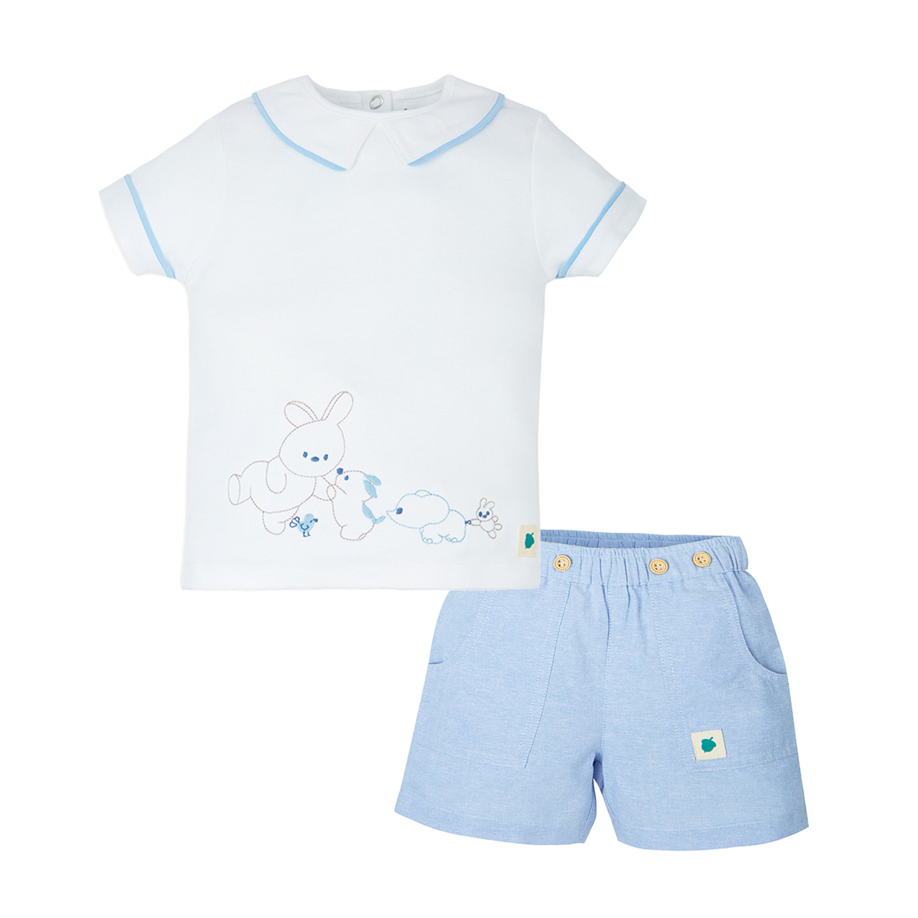 My Milestones Bio-Wash 100% Cotton Cute Animals Embroidered Tee with Chambray Shorts Set - White & Blue