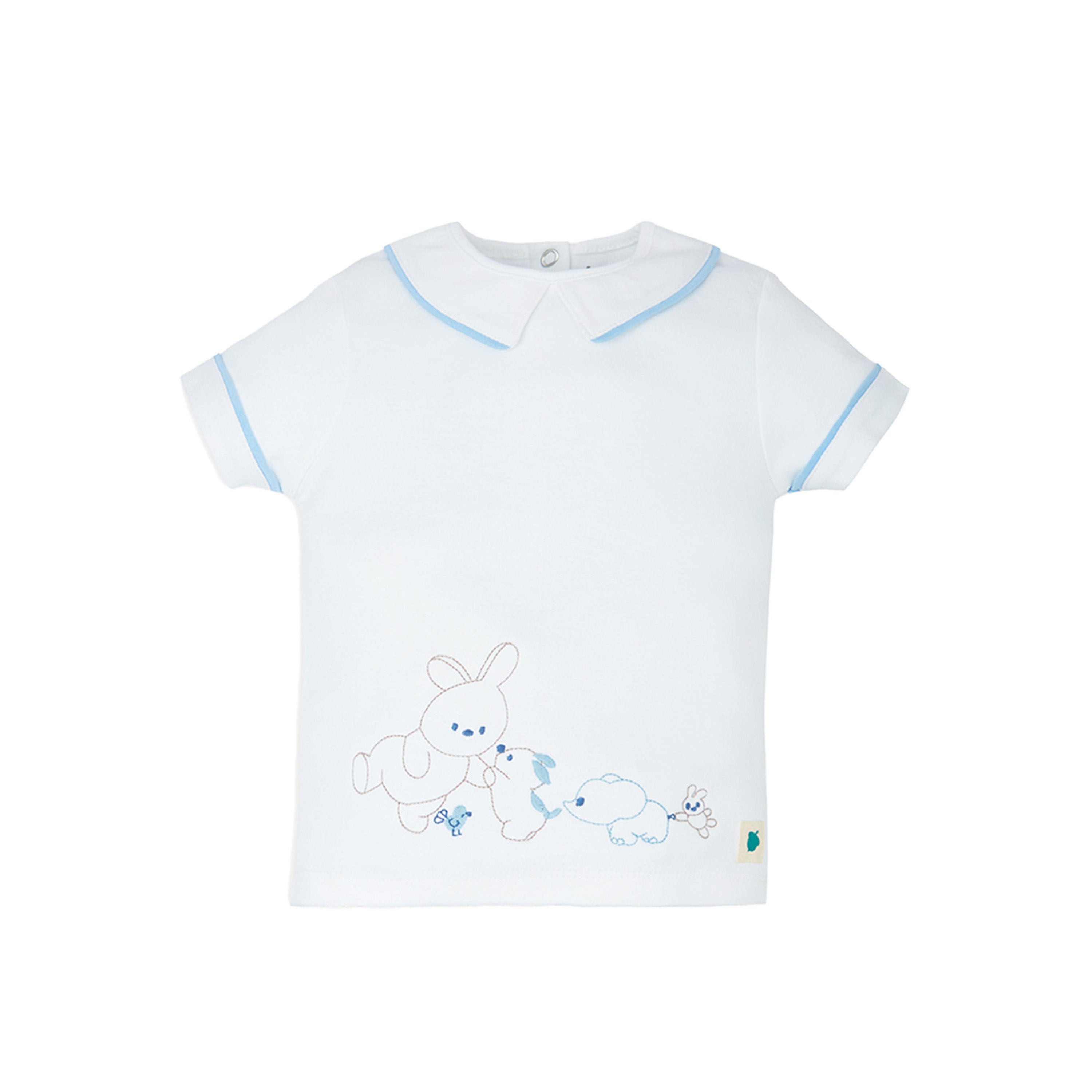 My Milestones Bio-Wash 100% Cotton Cute Animals Embroidered Tee with Chambray Shorts Set - White & Blue