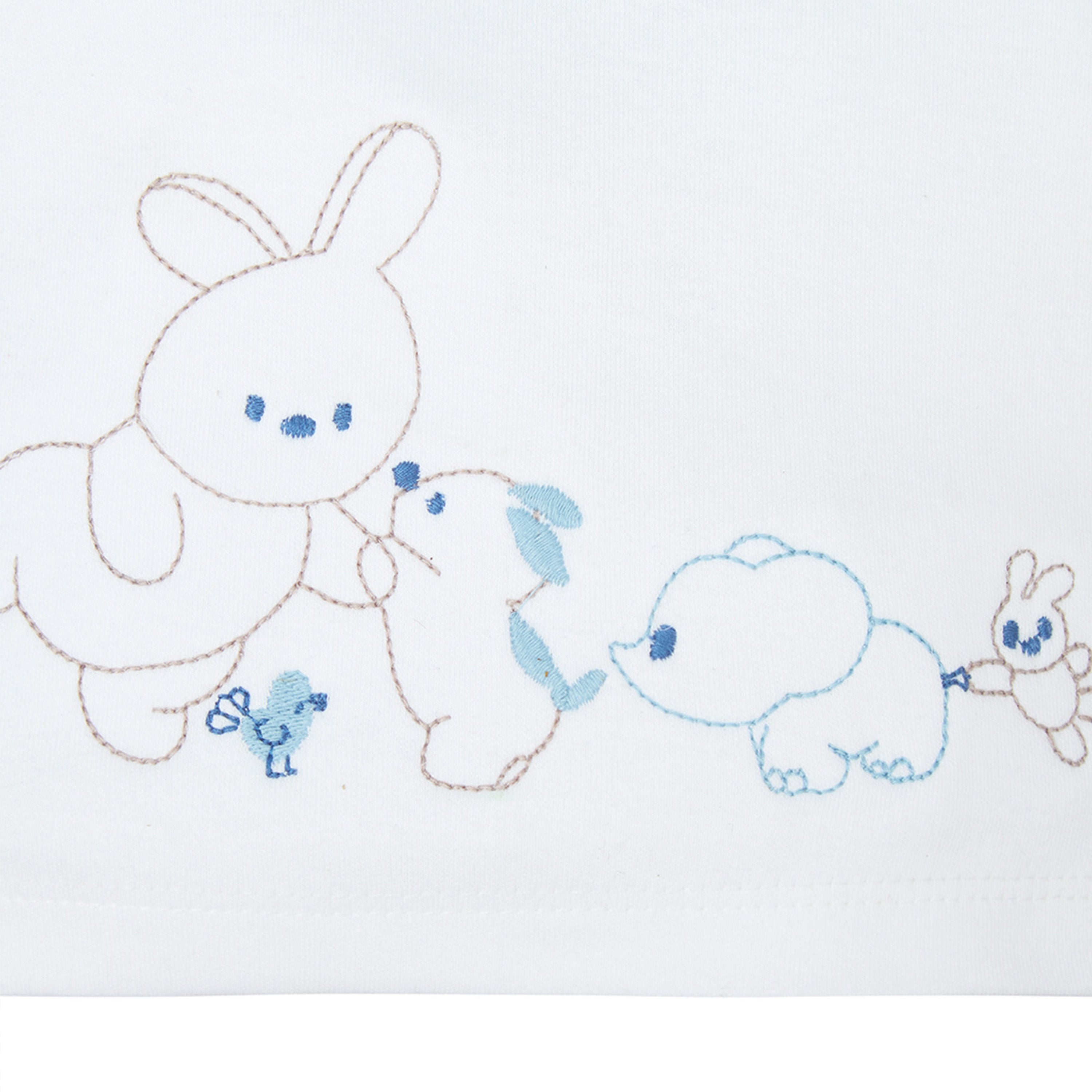 My Milestones Bio-Wash 100% Cotton Cute Animals Embroidered Tee with Chambray Shorts Set - White & Blue