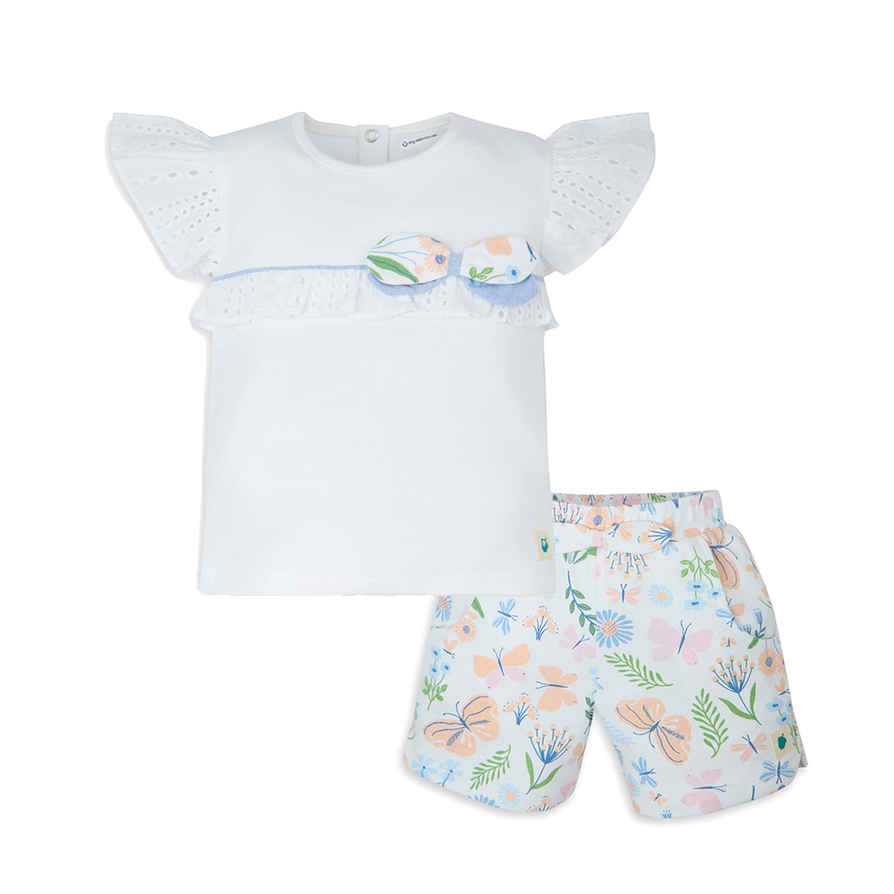 My Milestones Bio-Wash Eyelet Detail Short Sleeves Tee with Shorts in Enchanted Flora Print - White