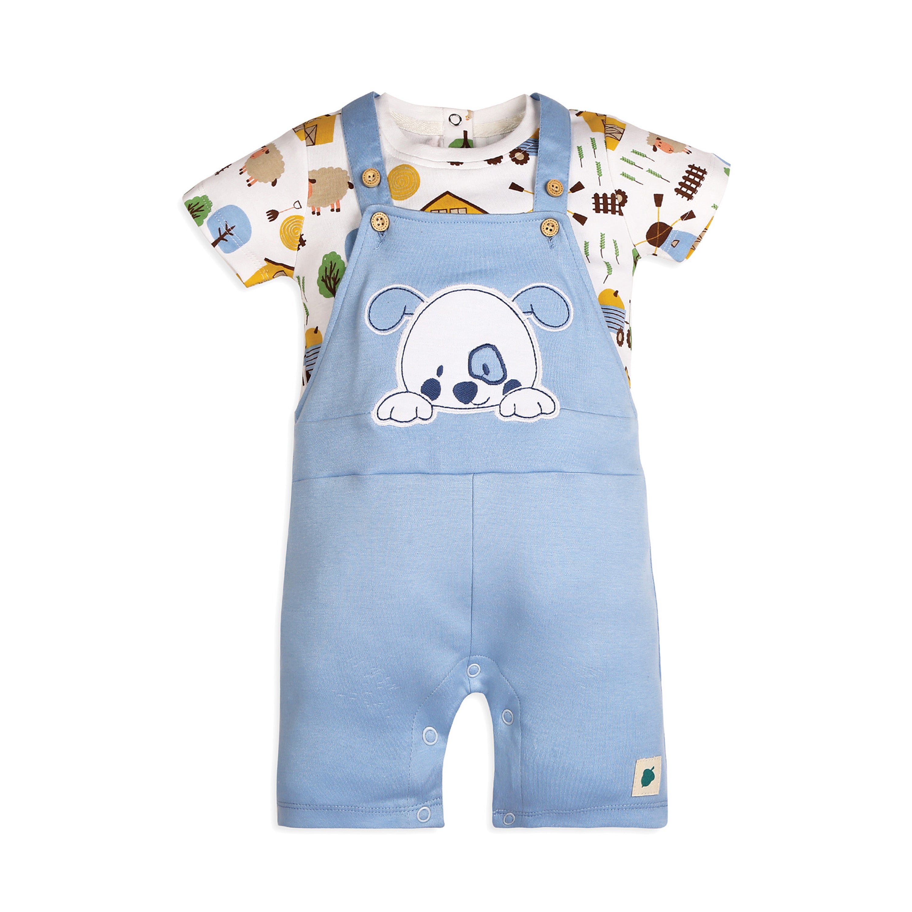 Baby Boy Dog Applique Dungaree With Short Sleeves Tee In Barnyard Print - Blue & White