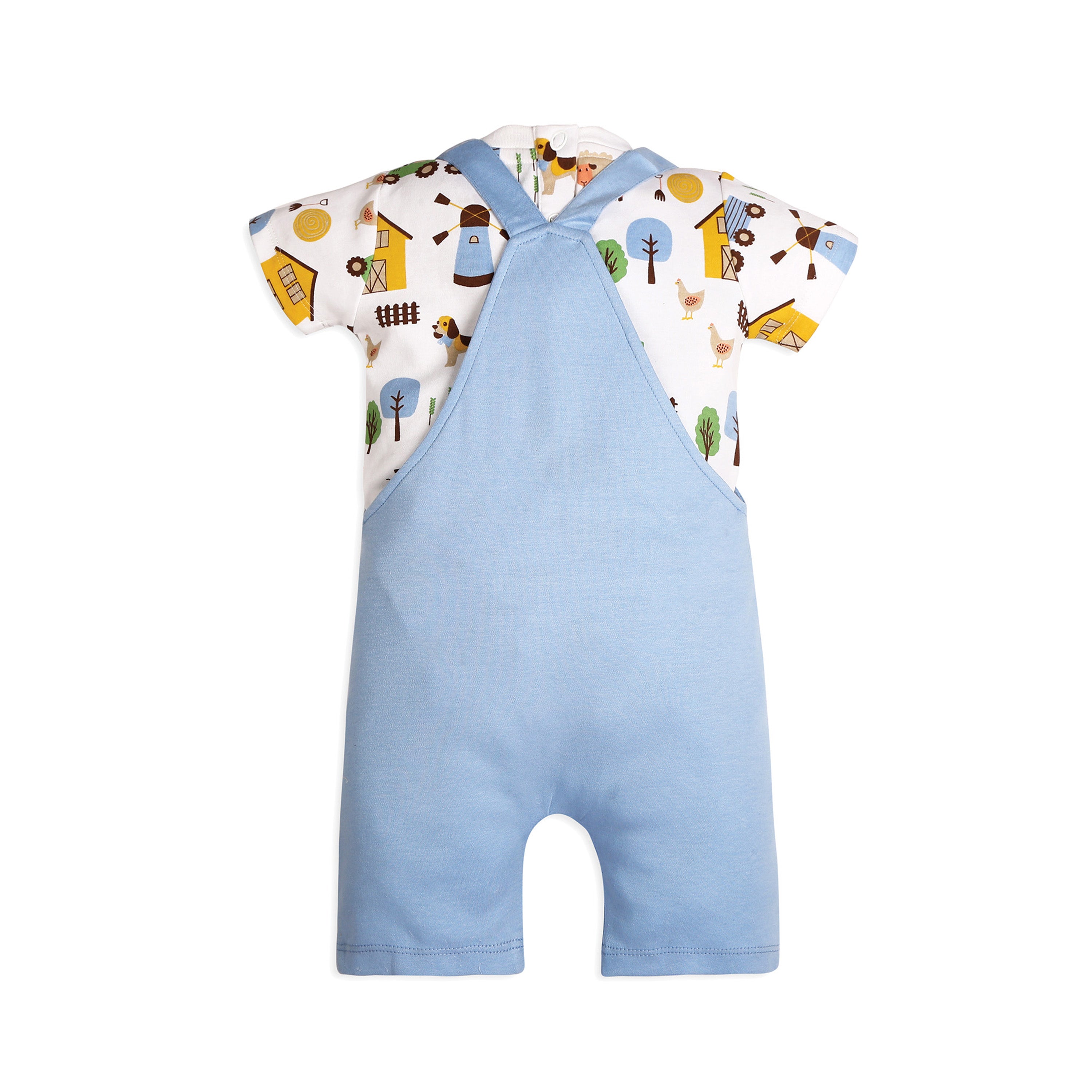 Baby Boy Dog Applique Dungaree With Short Sleeves Tee In Barnyard Print - Blue & White