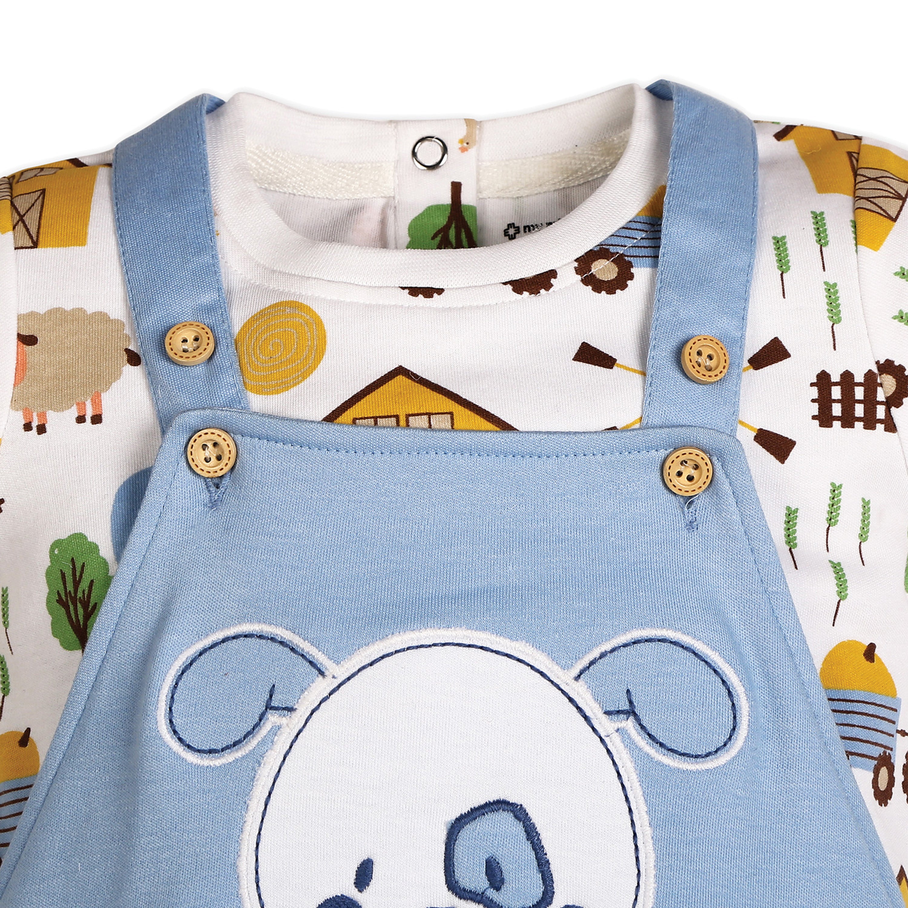 Baby Boy Dog Applique Dungaree With Short Sleeves Tee In Barnyard Print - Blue & White